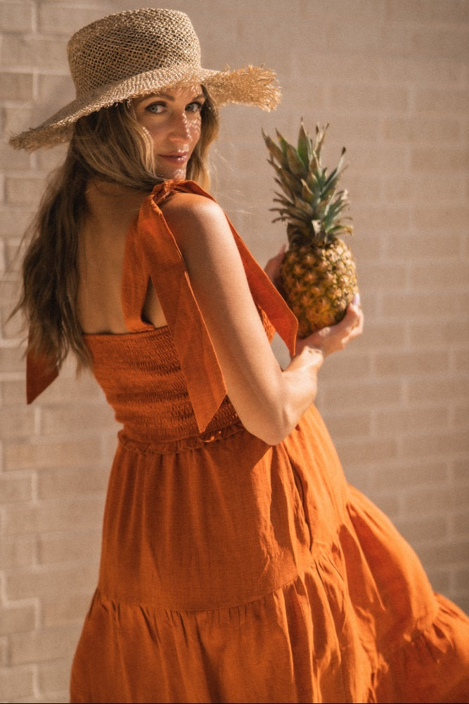 Rust Bow Strap Tiered Maternity Midi Dress
