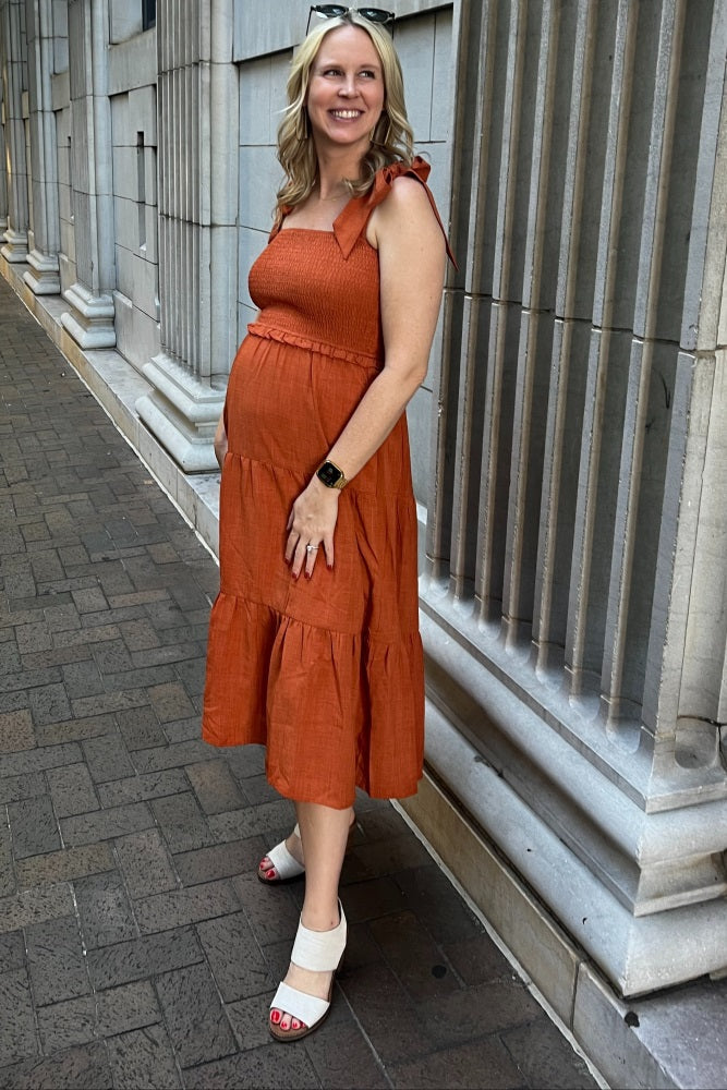 Rust Bow Strap Tiered Maternity Midi Dress