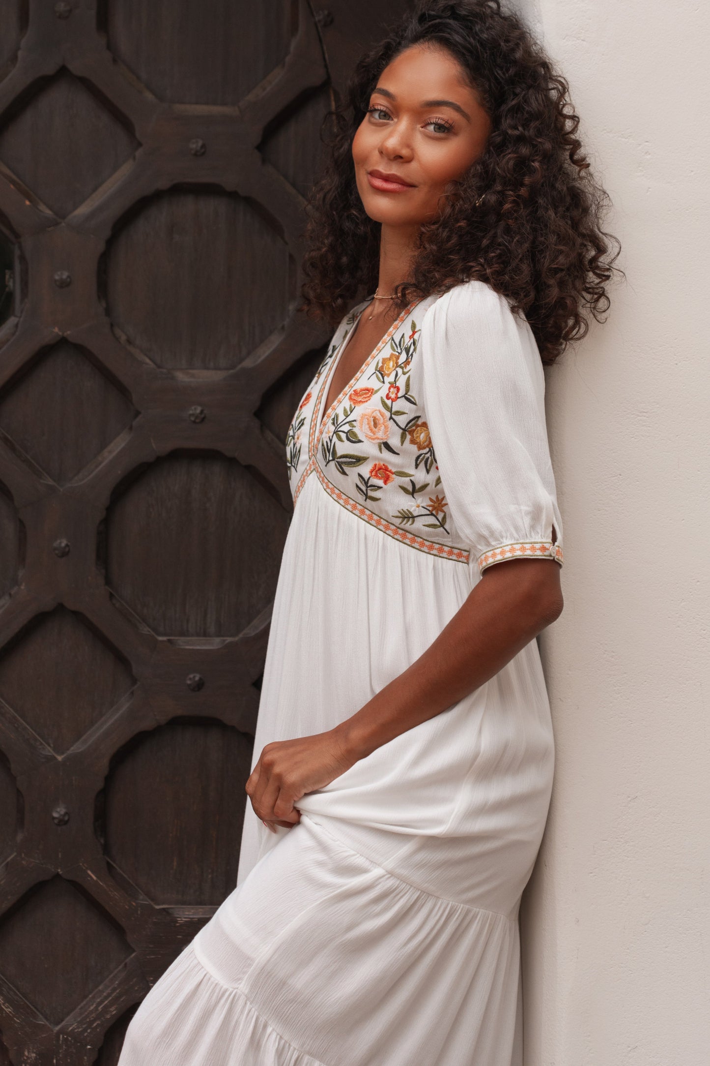 Ivory Floral Embroidered Midi Dress