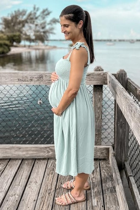 Mint Green Smocked Tie Strap Maternity Midi Dress