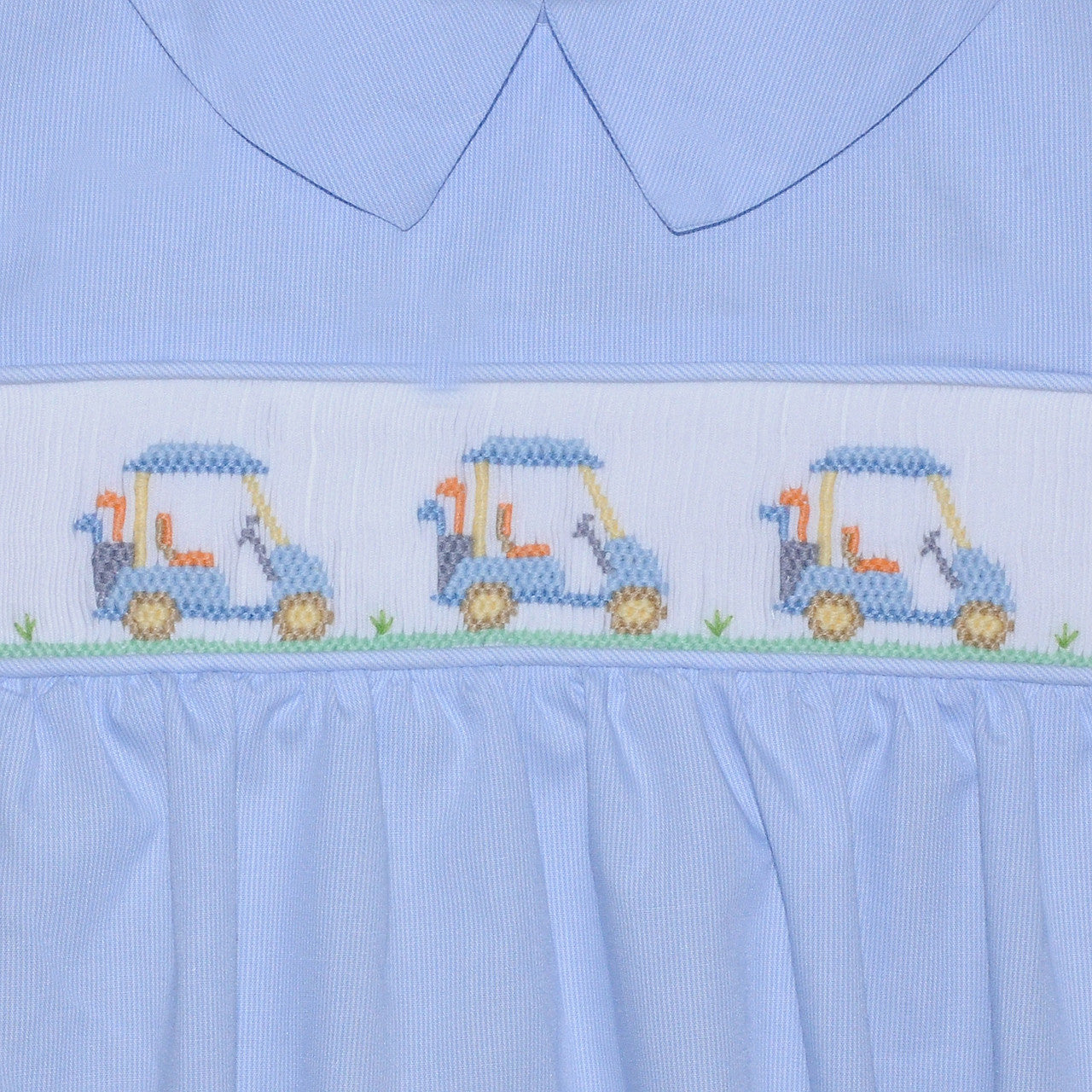 Golf Cart Smocked Romper – Blue