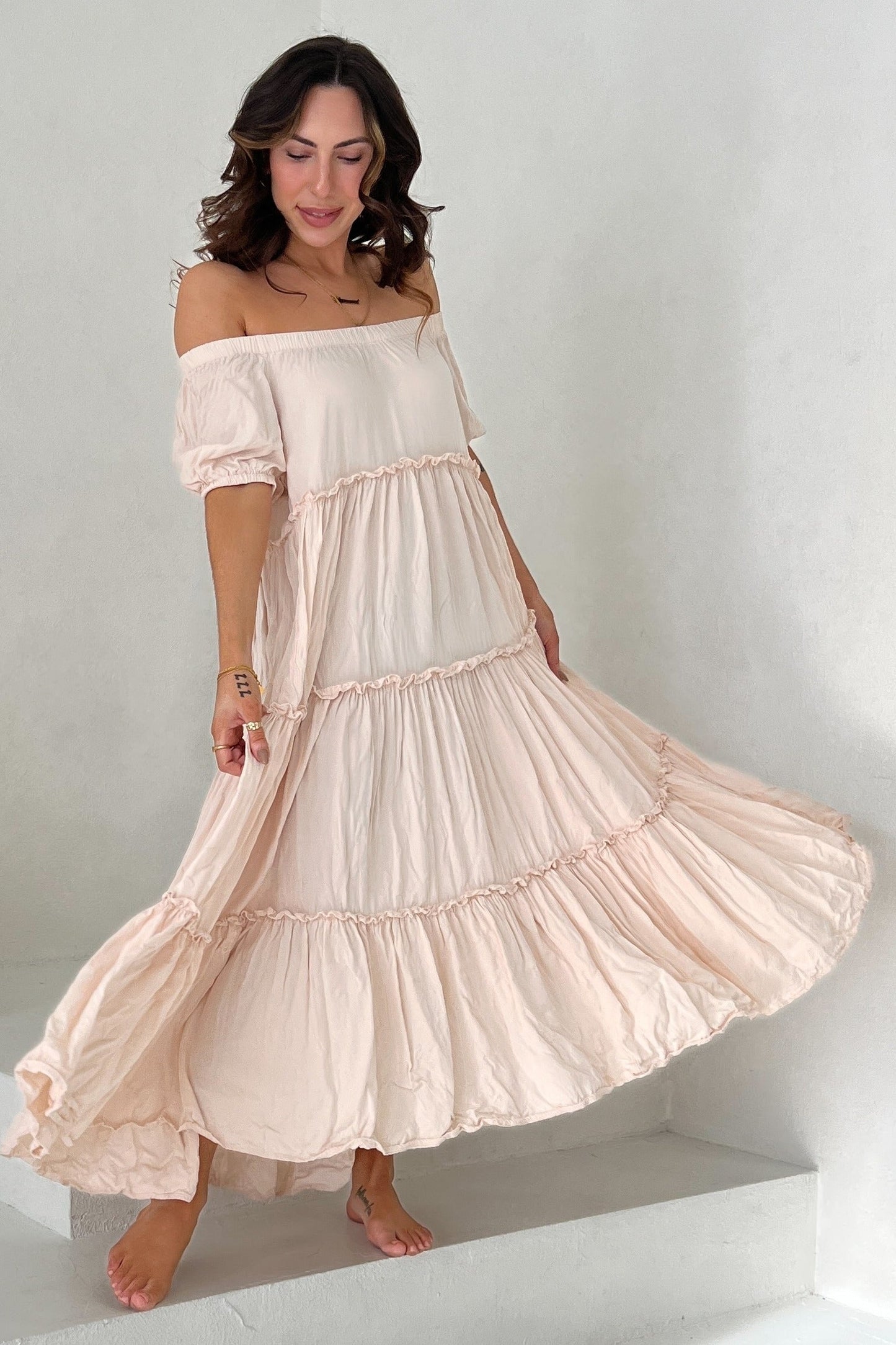Cream Off Shoulder Ruffle Tiered Maternity Maxi Dress