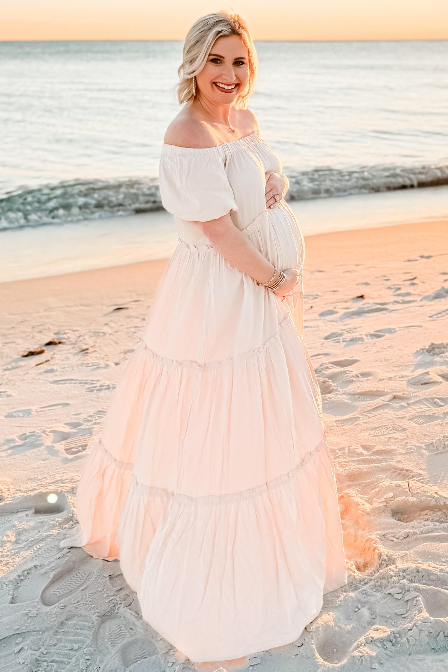 Cream Off Shoulder Ruffle Tiered Maternity Maxi Dress