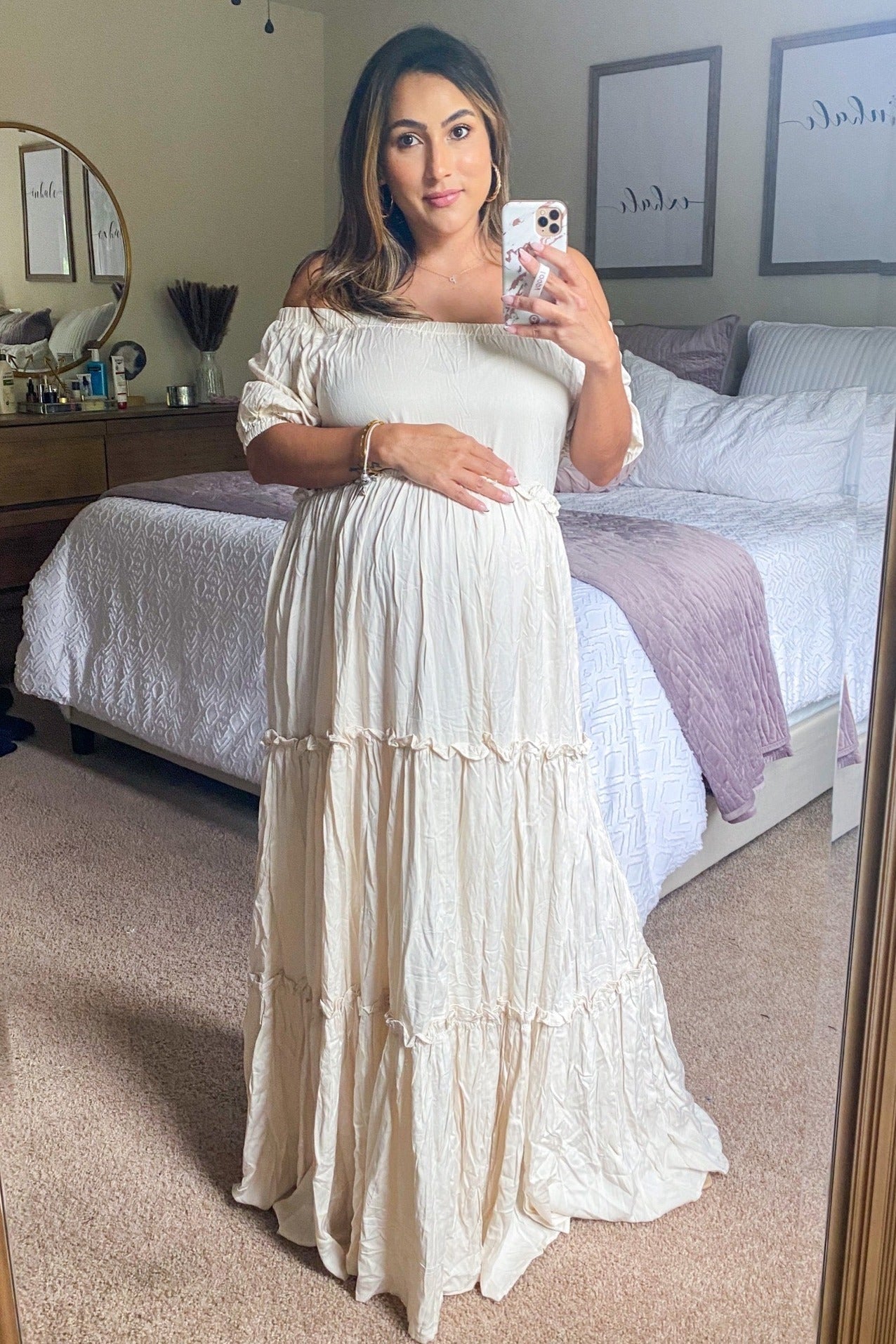 Cream Off Shoulder Ruffle Tiered Maternity Maxi Dress