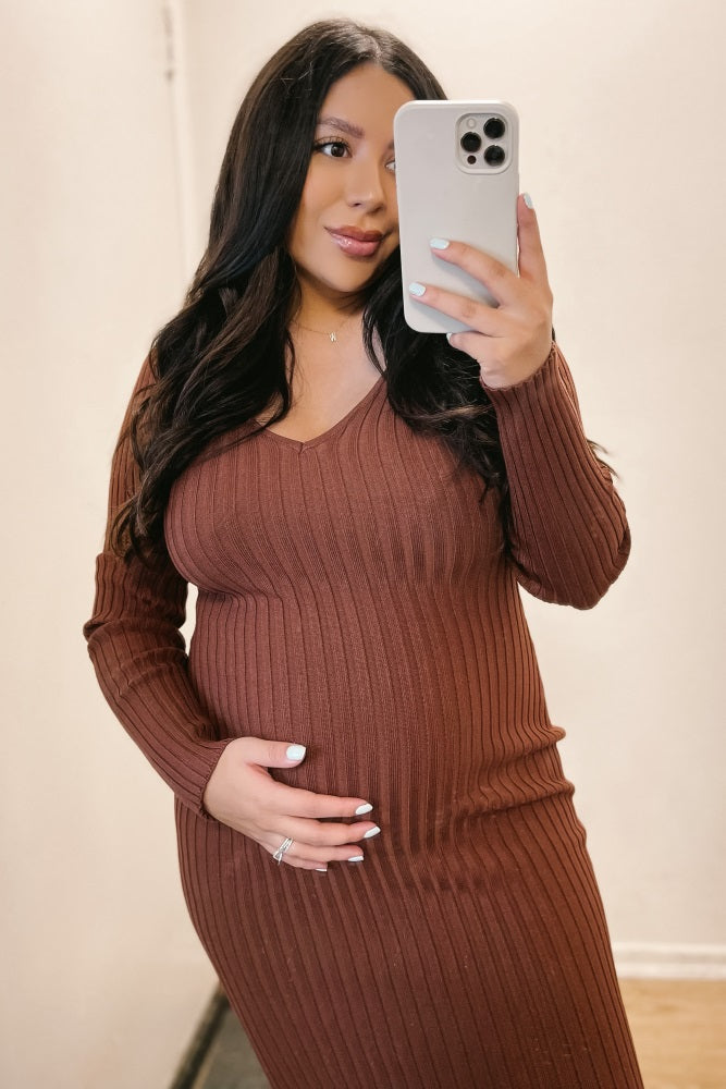 Mocha V-Neck Long Sleeve Fitted Maternity Maxi Dress
