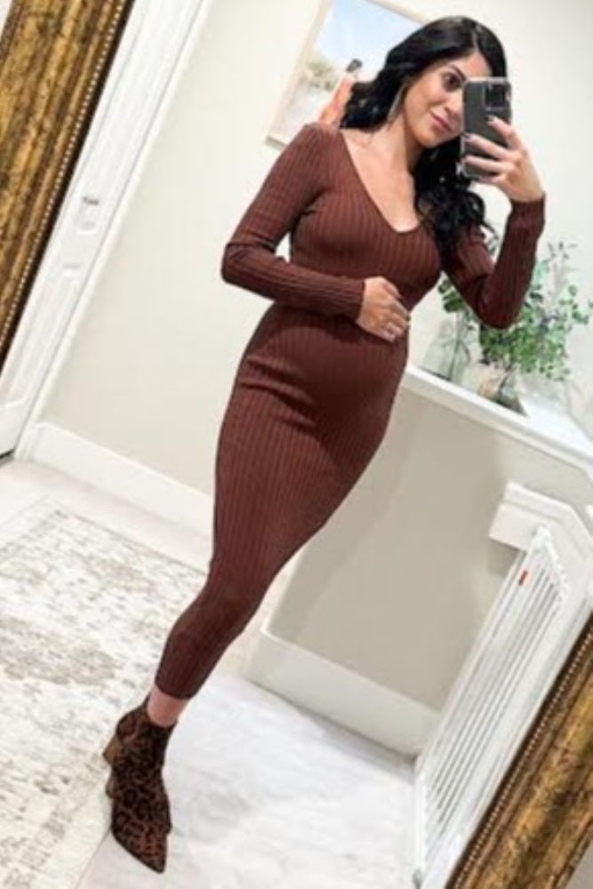 Mocha V-Neck Long Sleeve Fitted Maternity Maxi Dress