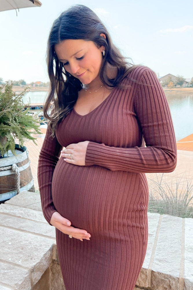 Mocha V-Neck Long Sleeve Fitted Maternity Maxi Dress
