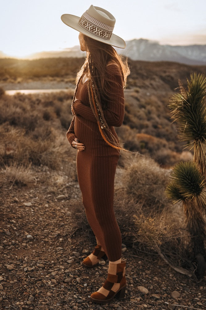 Mocha V-Neck Long Sleeve Fitted Maternity Maxi Dress