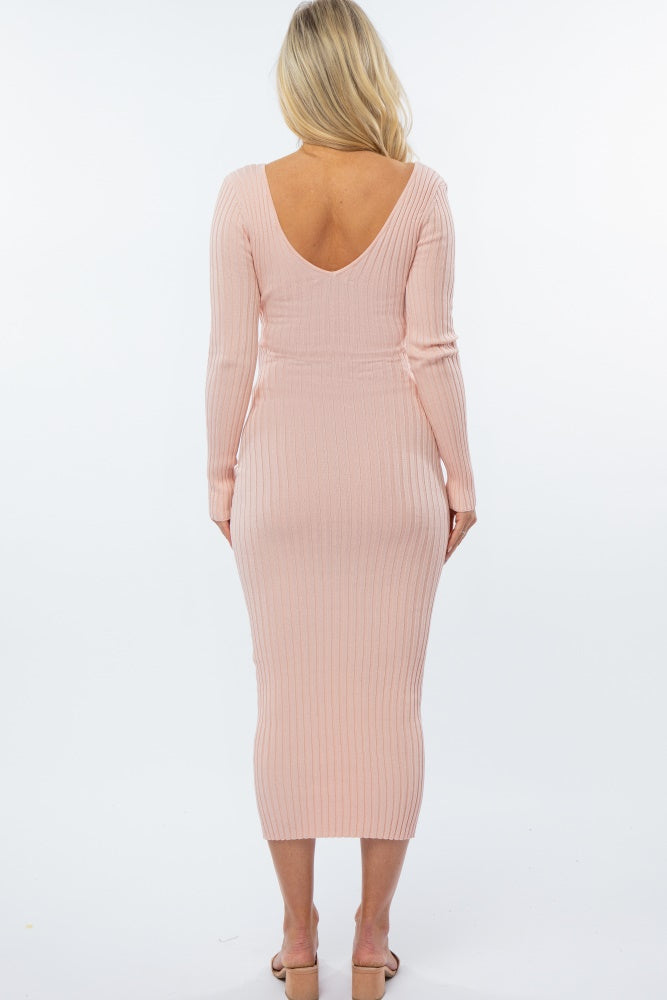 Pink V-Neck Long Sleeve Fitted Maternity Maxi Dress