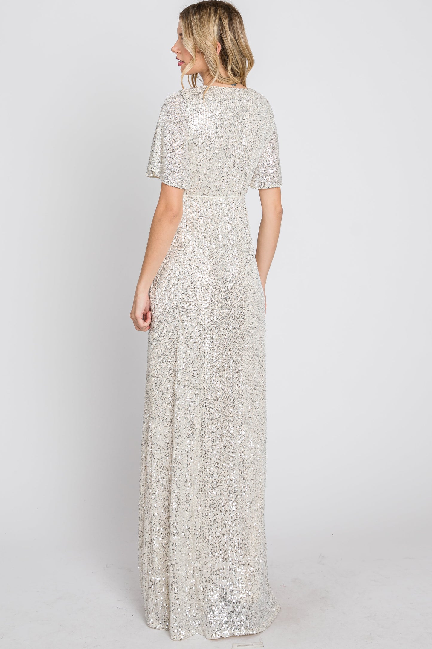 Cream Sequin Short Sleeve Maxi Dress