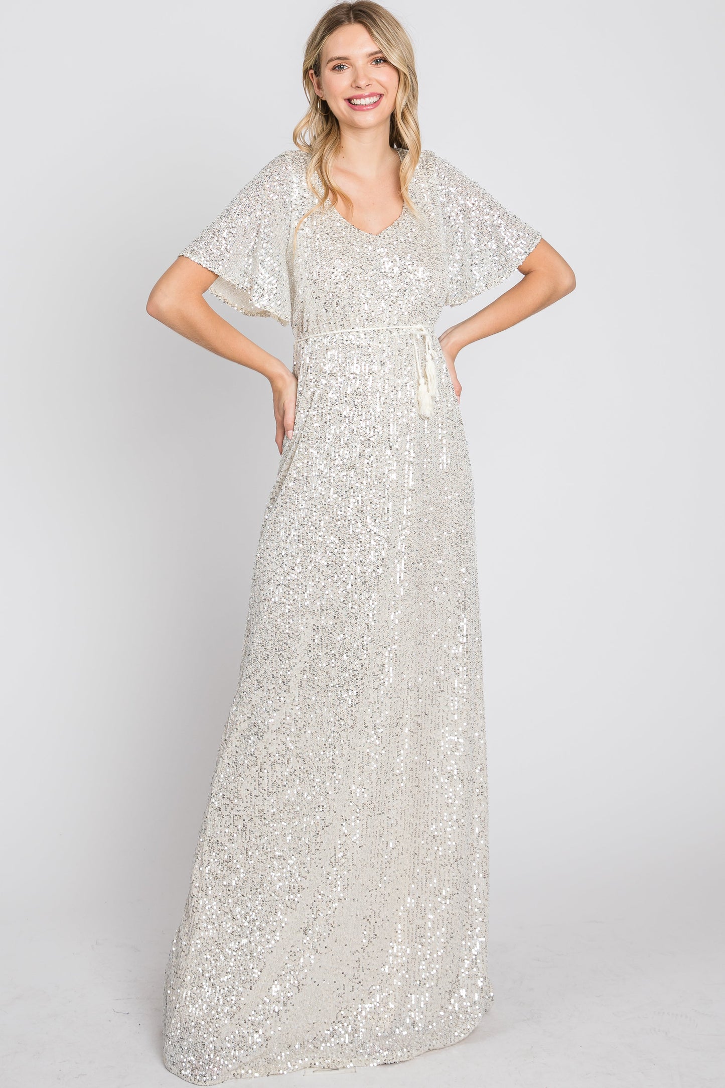 Cream Sequin Short Sleeve Maxi Dress