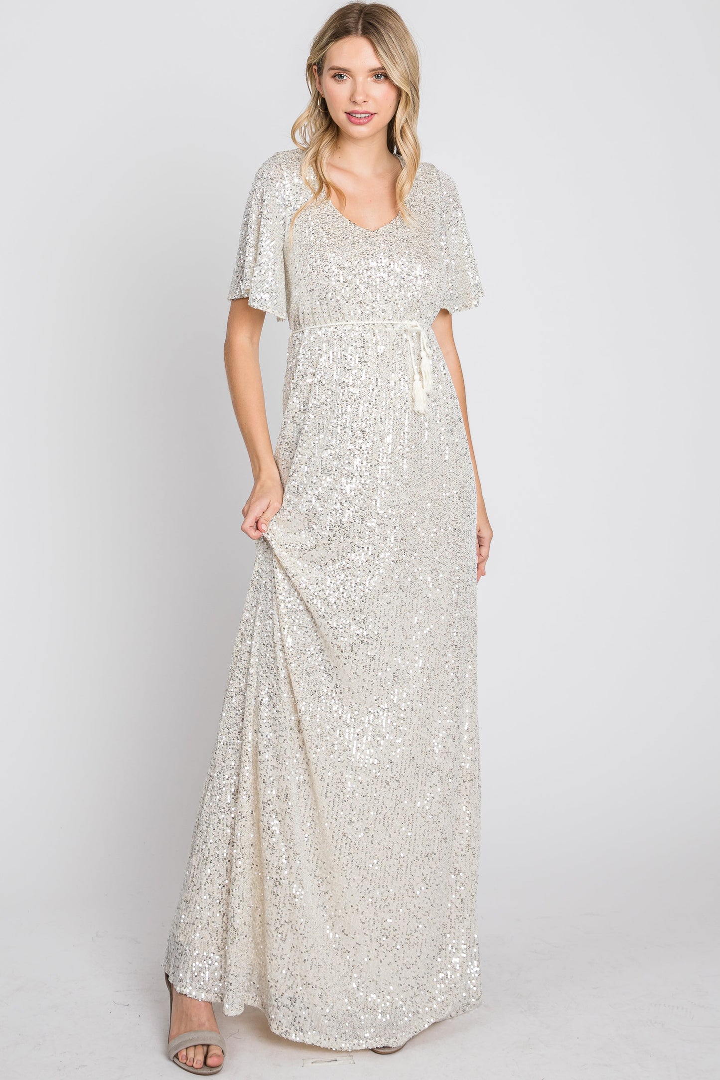 Cream Sequin Short Sleeve Maxi Dress