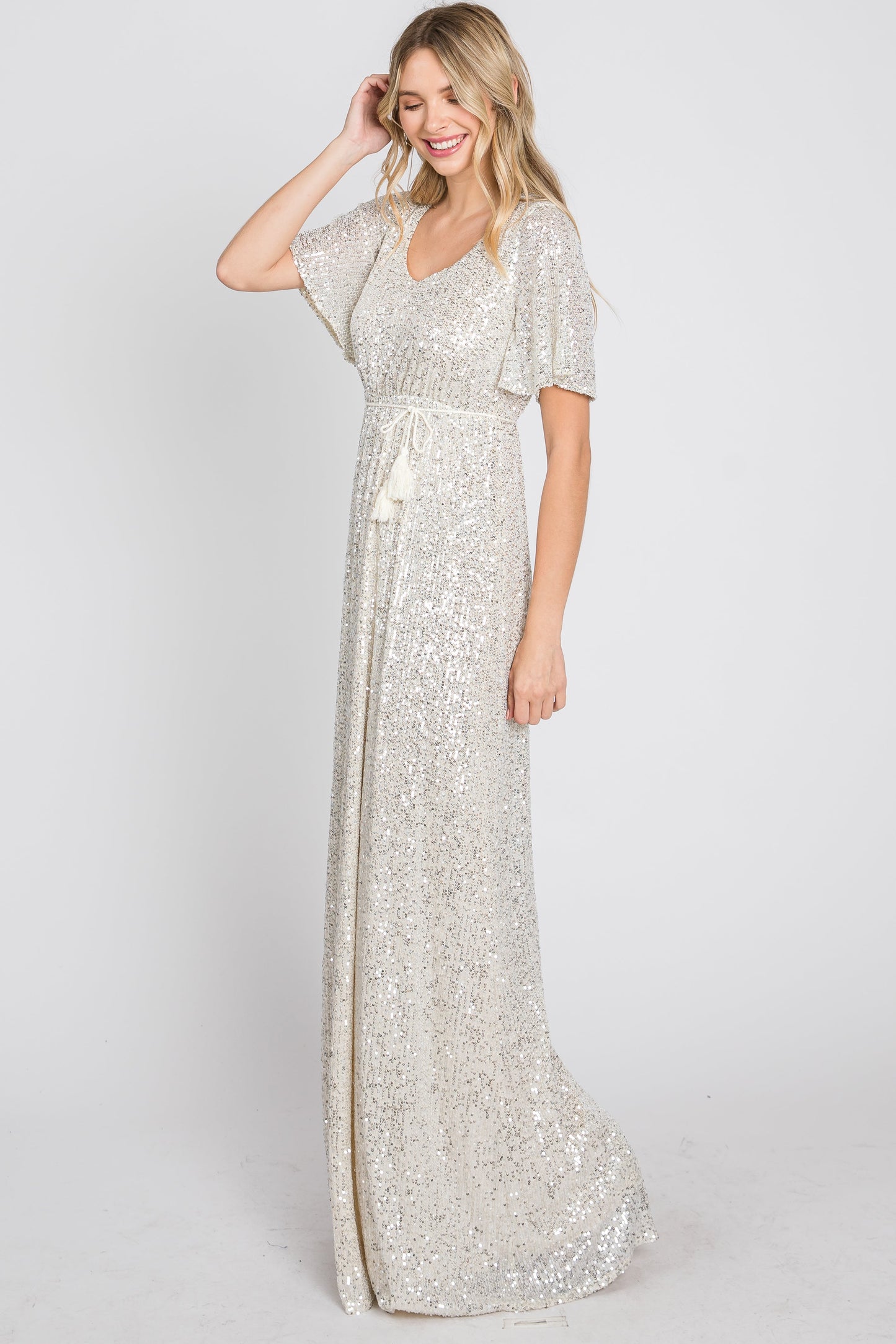 Cream Sequin Short Sleeve Maxi Dress