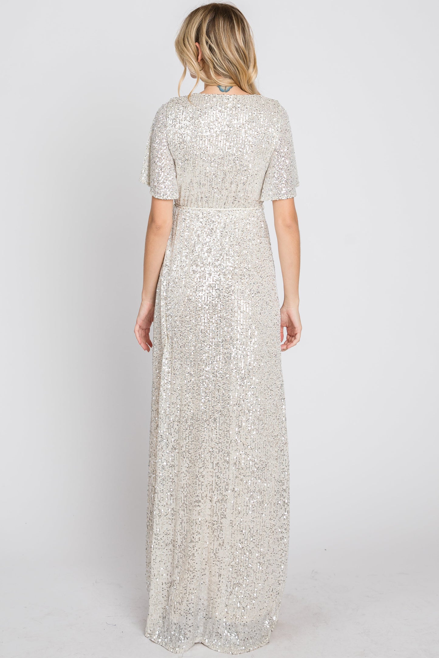 Cream Sequin Short Sleeve Maxi Dress