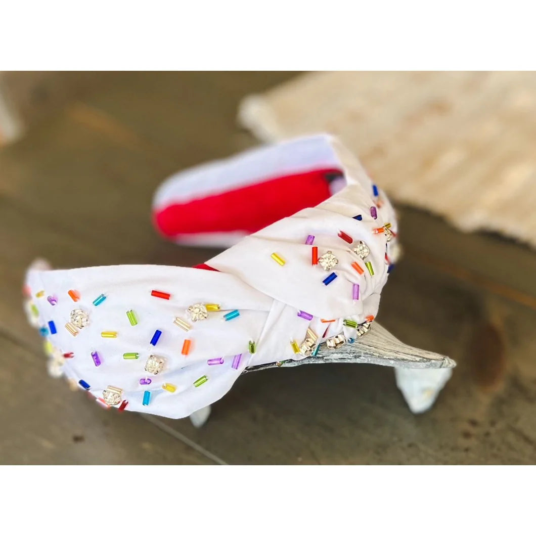 White Confetti Beaded Top Knot Headband
