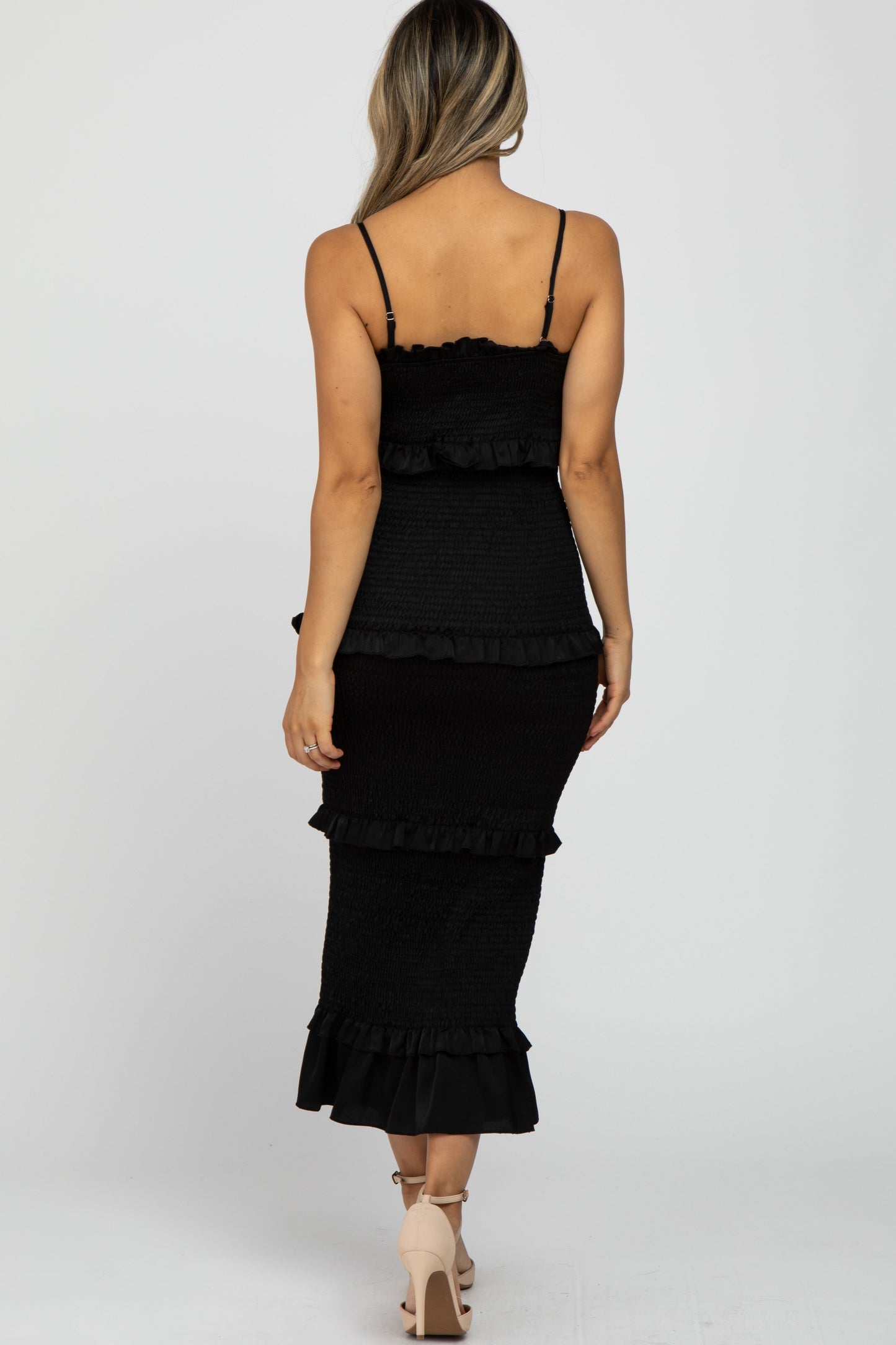 Black Satin Smocked Fitted Midi Dress