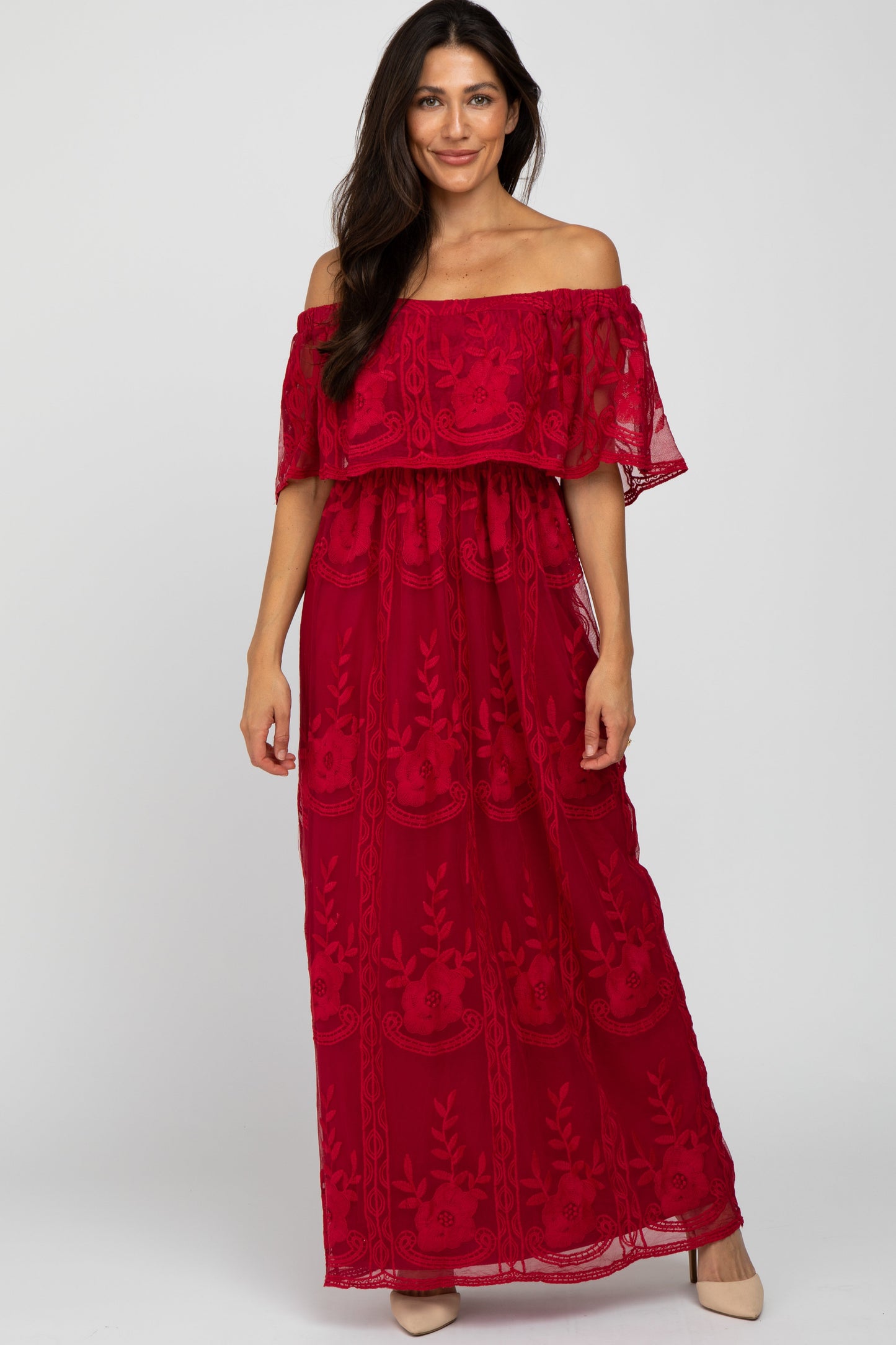 Burgundy Lace Overlay Off Shoulder Flounce Maxi Dress