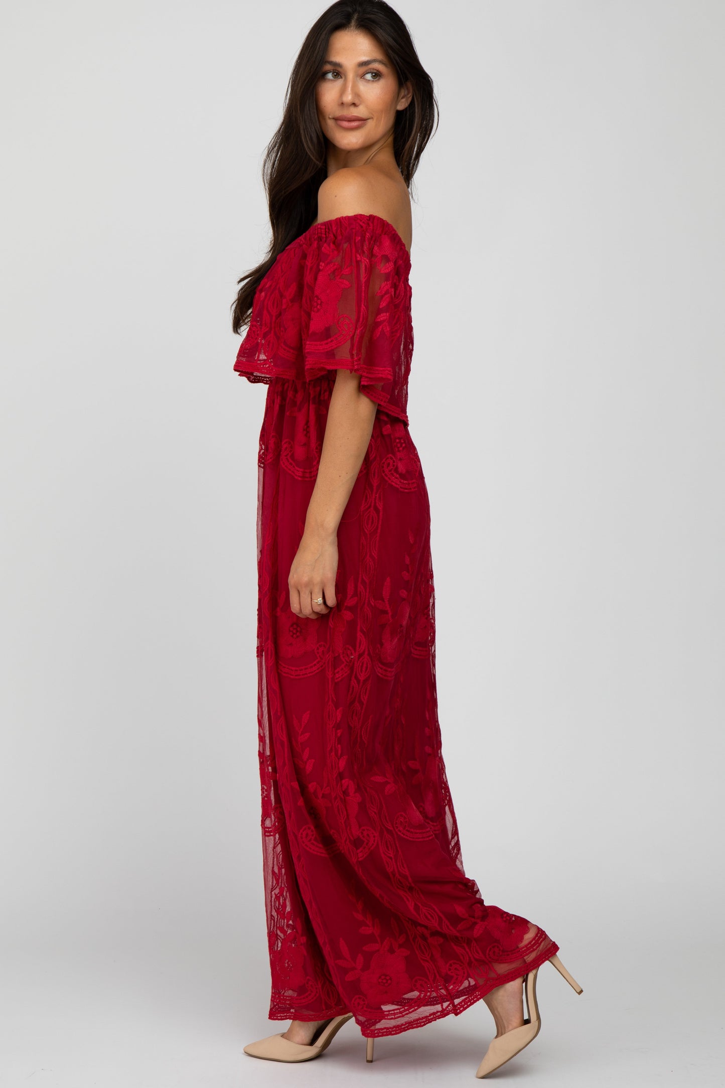Burgundy Lace Overlay Off Shoulder Flounce Maxi Dress
