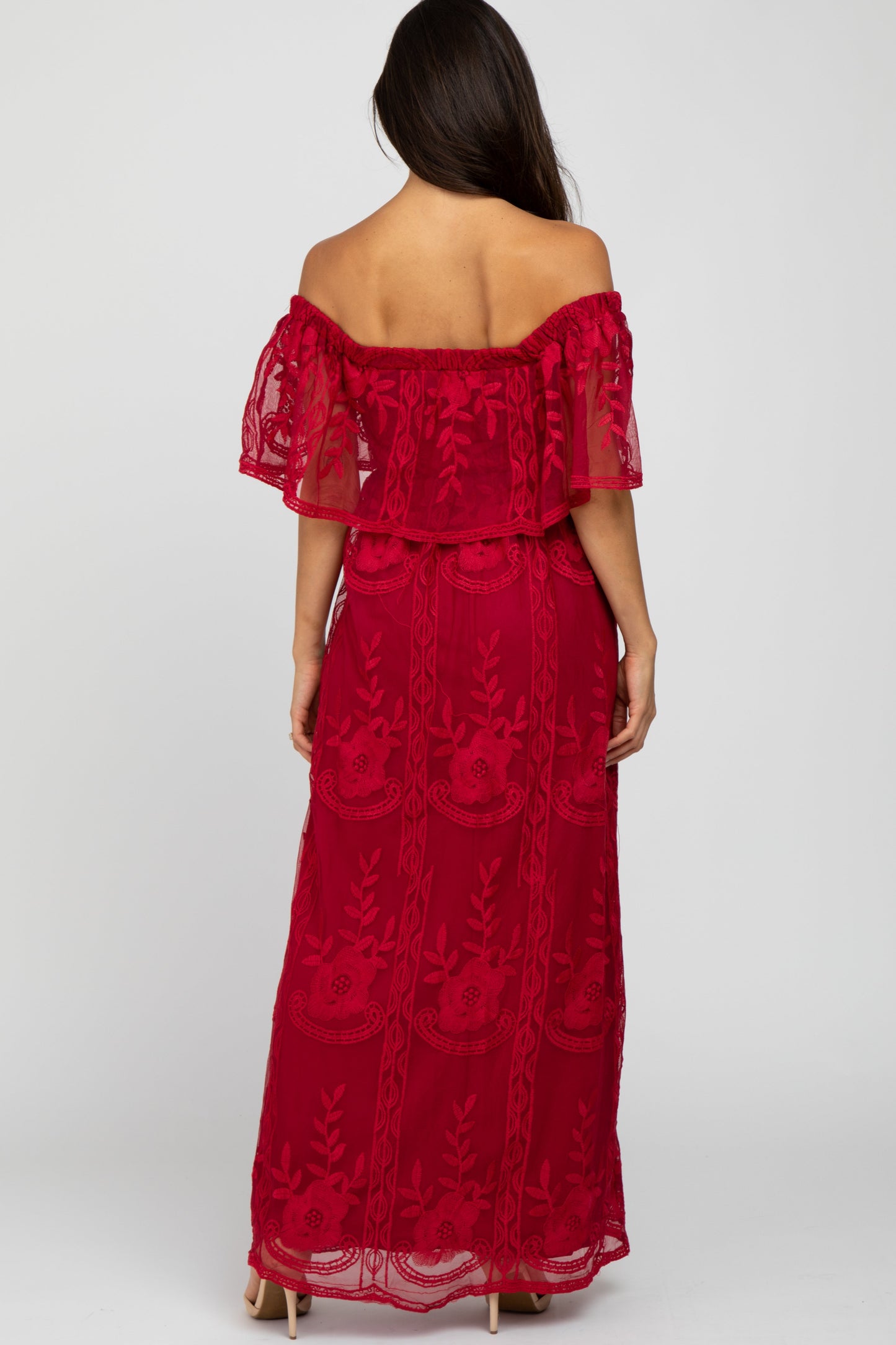 Burgundy Lace Overlay Off Shoulder Flounce Maxi Dress