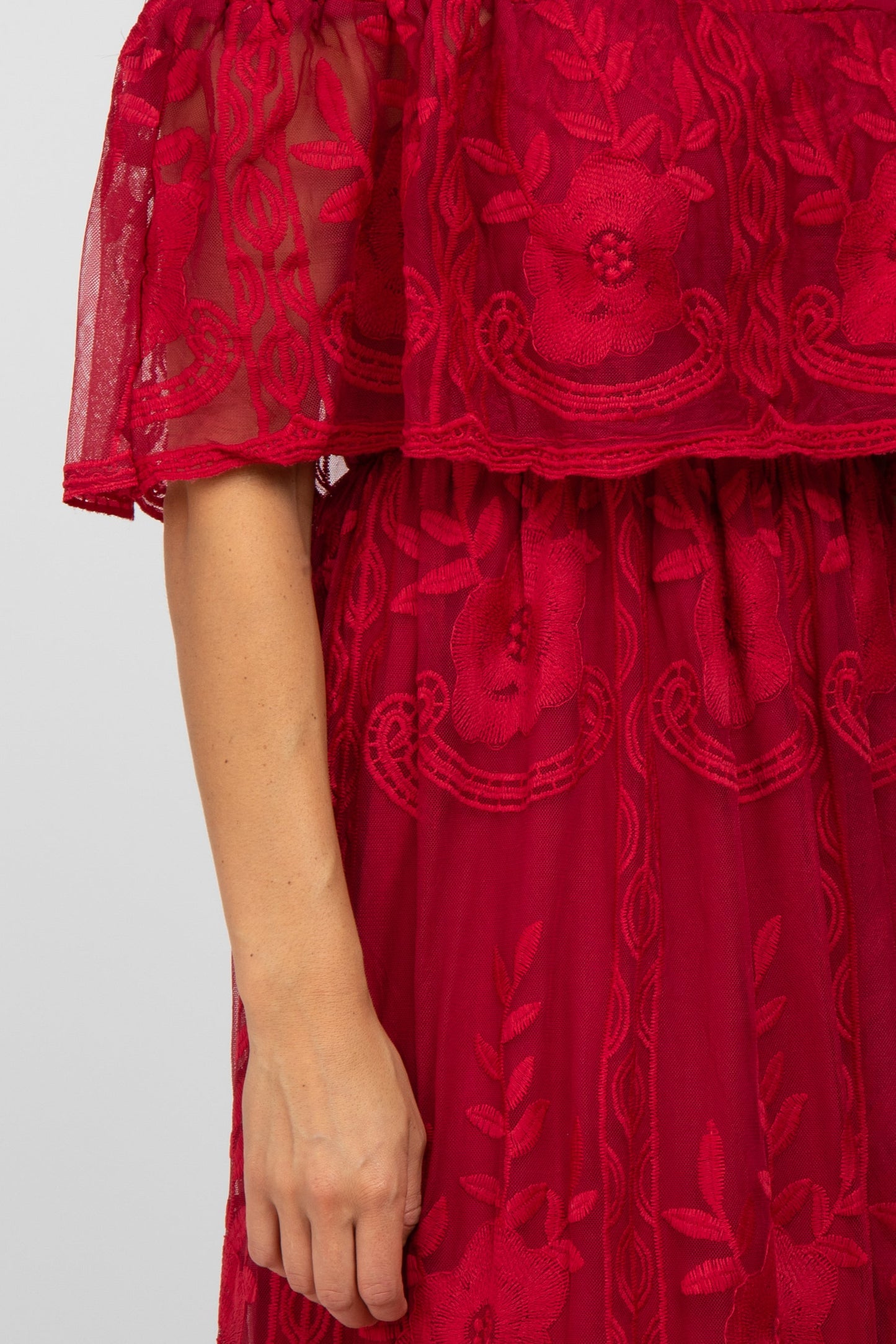 Burgundy Lace Overlay Off Shoulder Flounce Maxi Dress