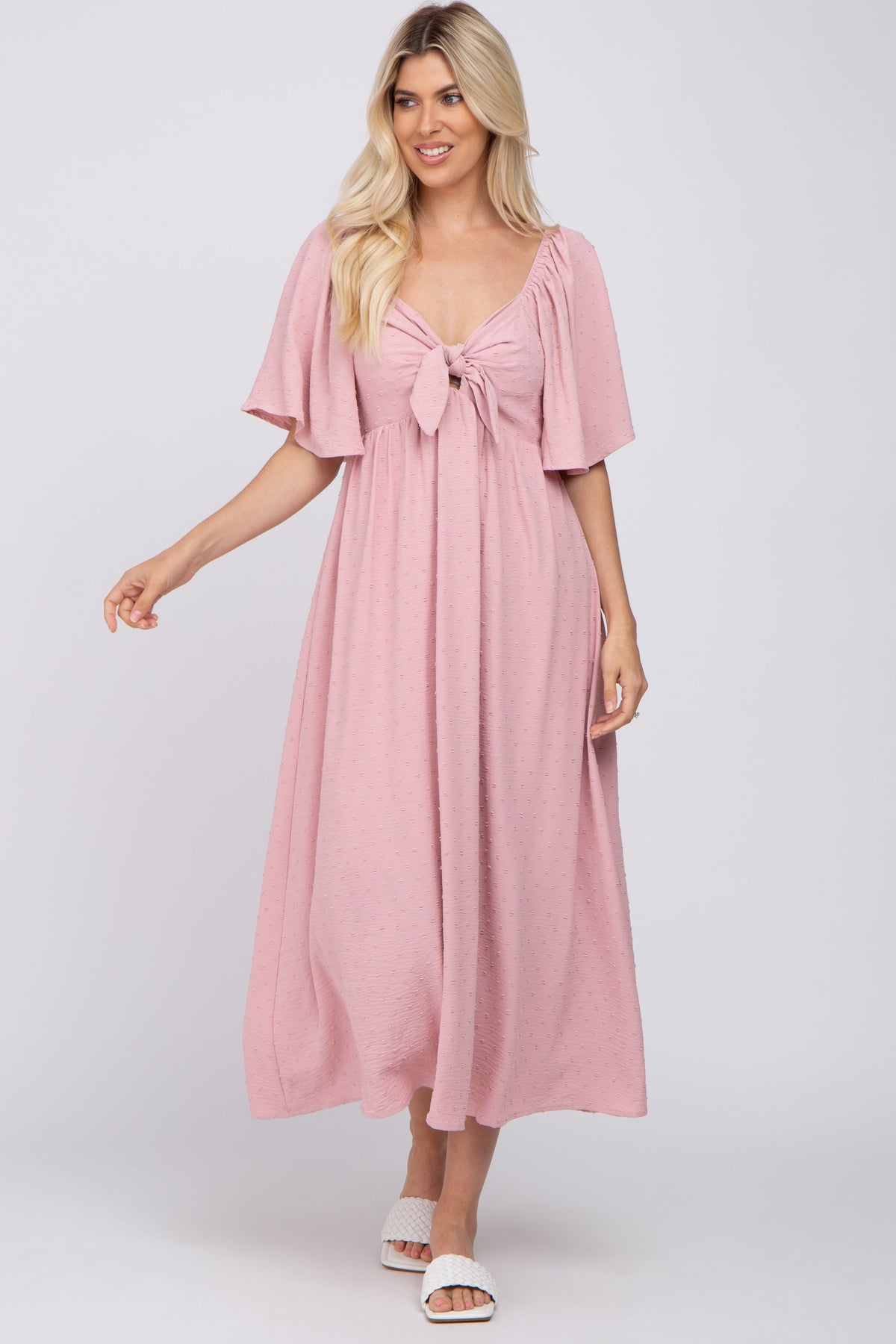 Mauve Textured Dot Front Tie Ruffle Sleeve Maternity Midi Dress