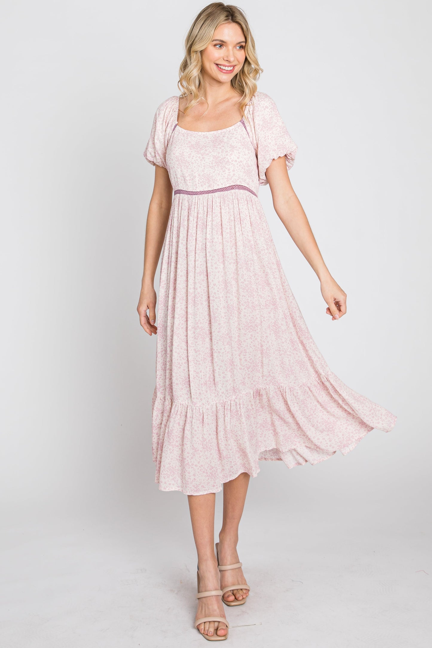 Pink Floral Crochet Accent Midi Dress
