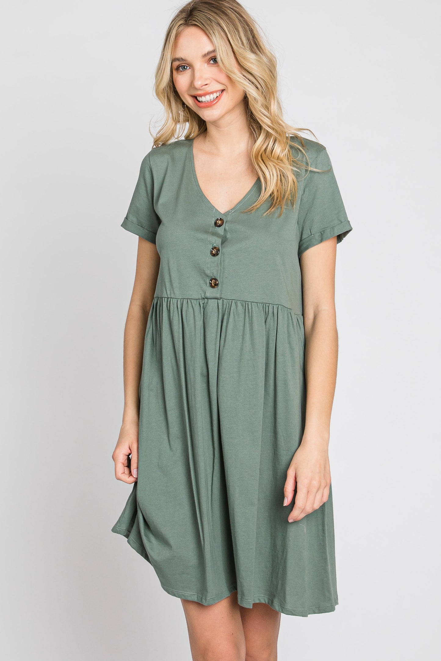 Olive Button Front Basic Dress