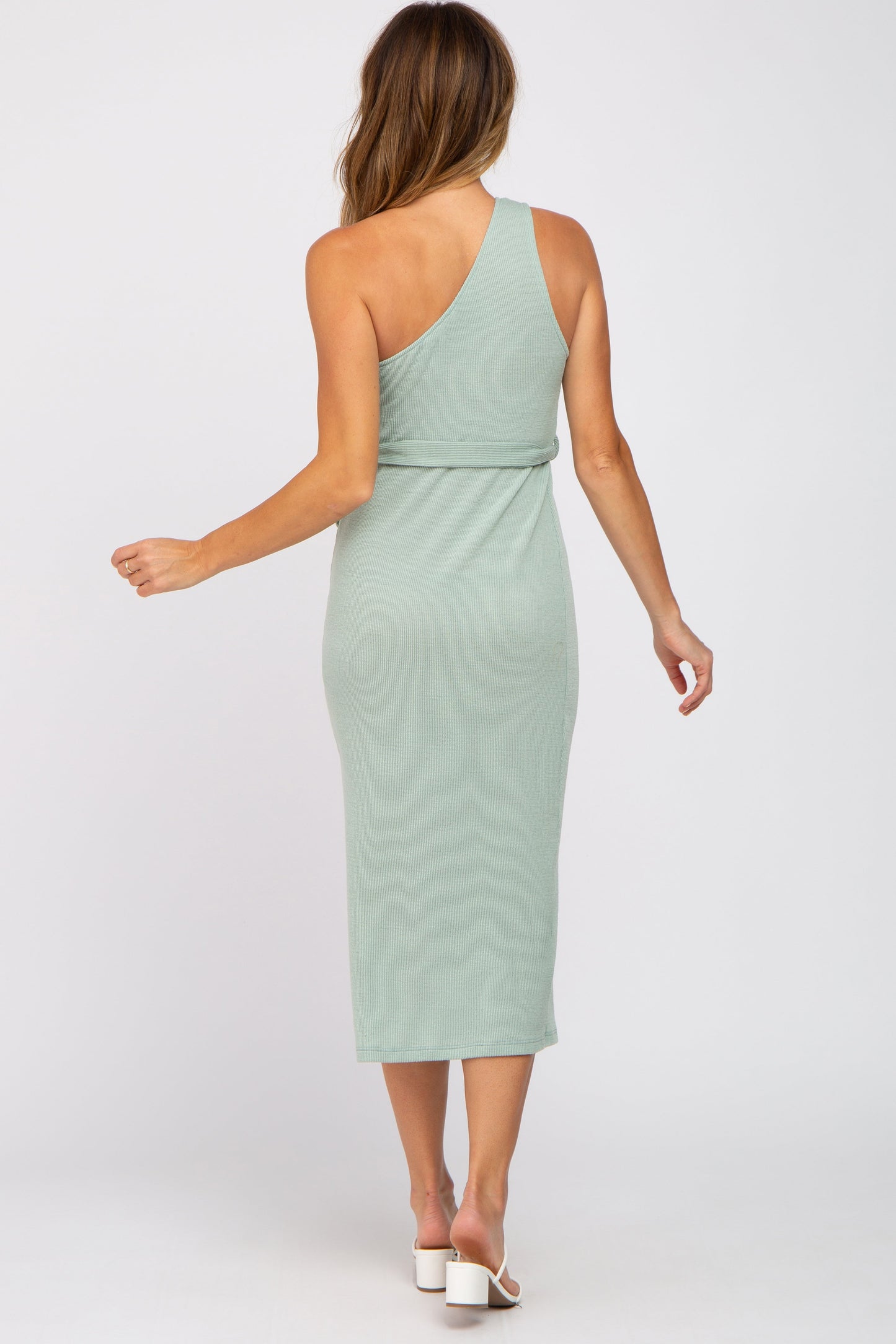 Mint Green Ribbed One Shoulder Side Slit Midi Dress