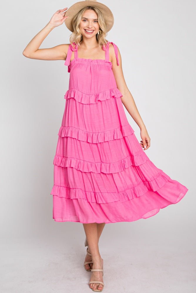 Fuchsia Ruffle Tiered Maternity Midi Dress