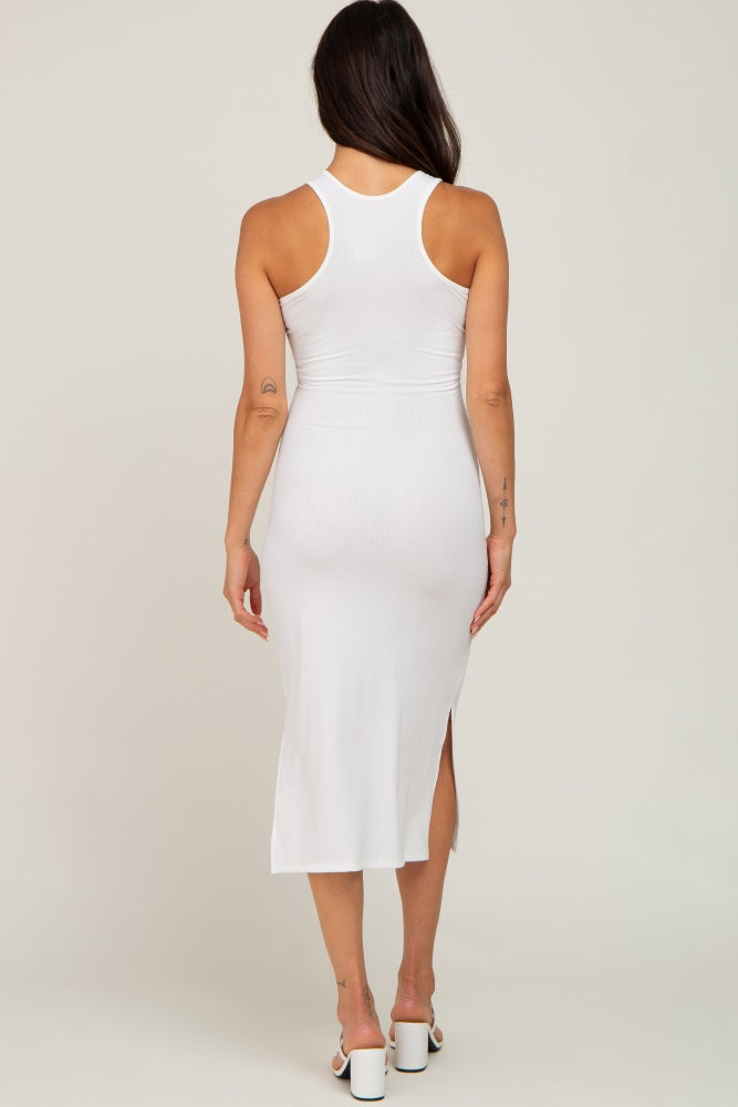 Ivory Ribbed Side Slit Midi Dress
