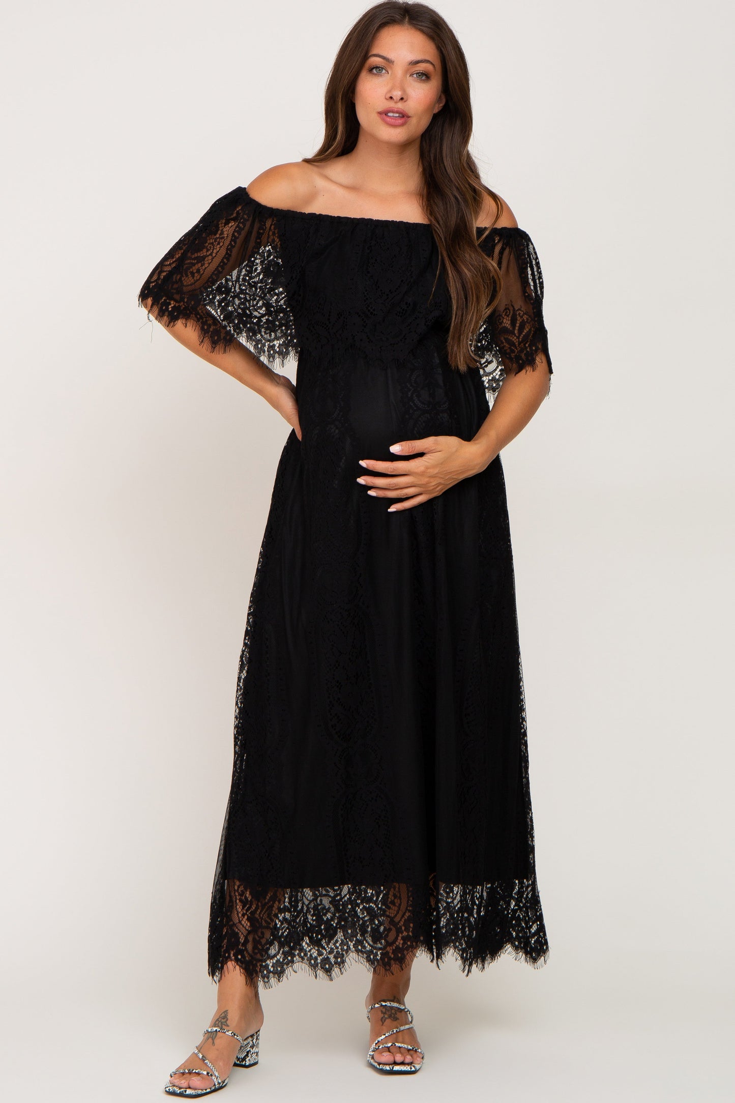Black Lace Off Shoulder Maternity Maxi Dress