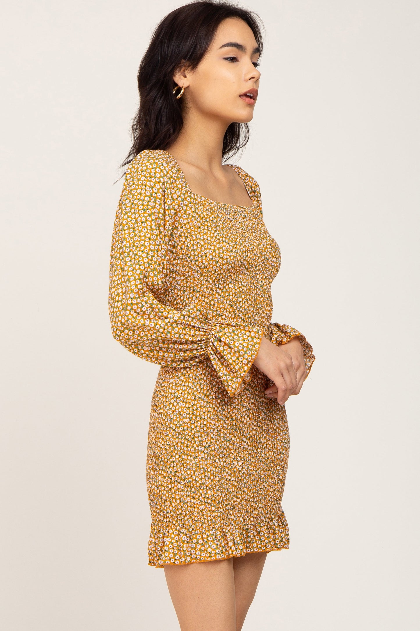 Yellow Ditsy Floral Smocked Long Sleeve Mini Dress