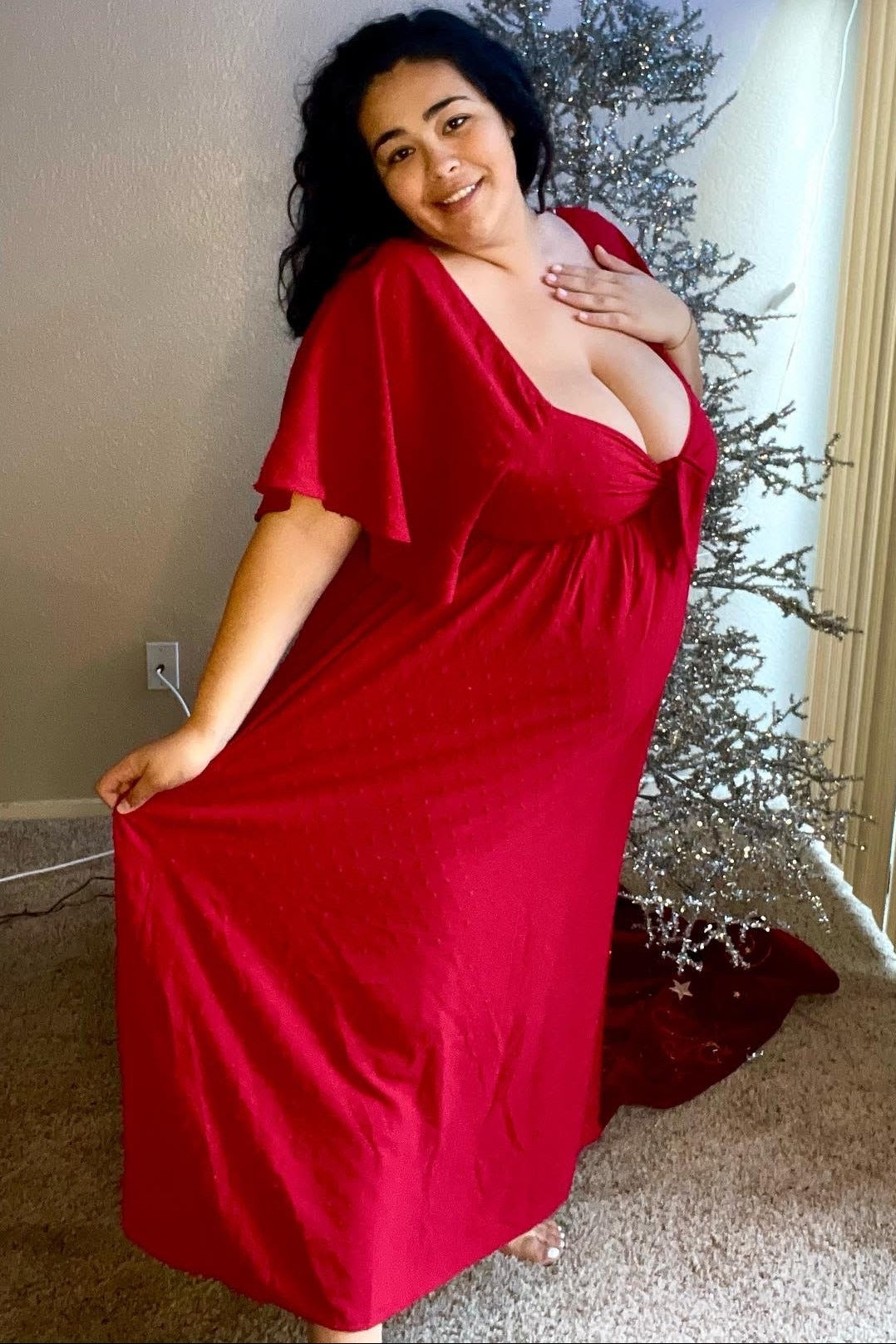 Burgundy Textured Dot Front Tie Ruffle Sleeve Midi Dress