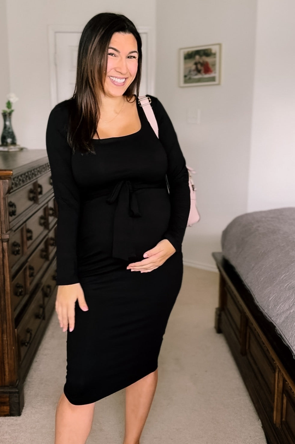 Black Basic Square Neck Maternity Midi Dress