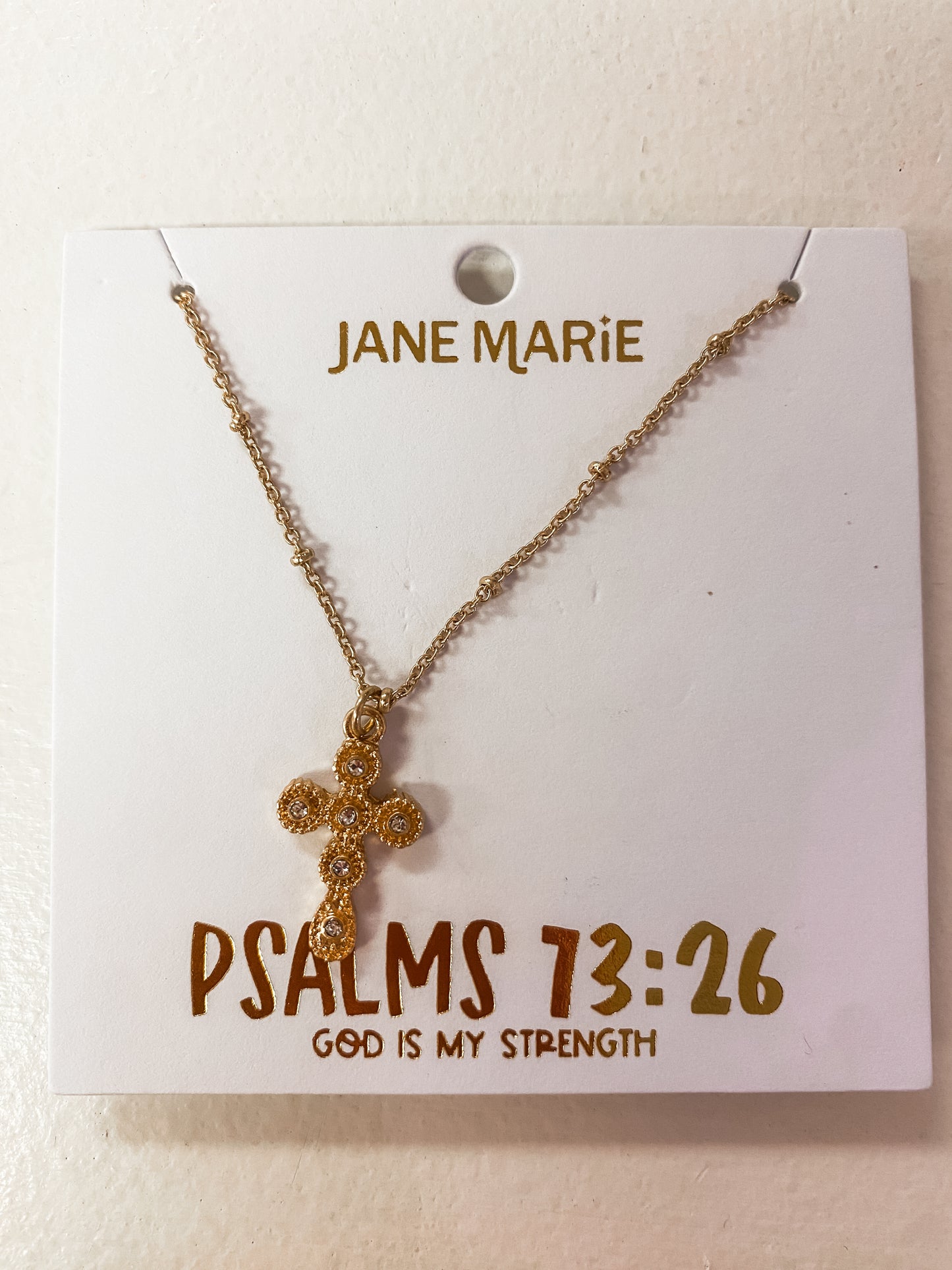 Ruth Bead Station Cross Necklace – Psalms 13:26 “God is my Strength” (16" + 3" Ext)