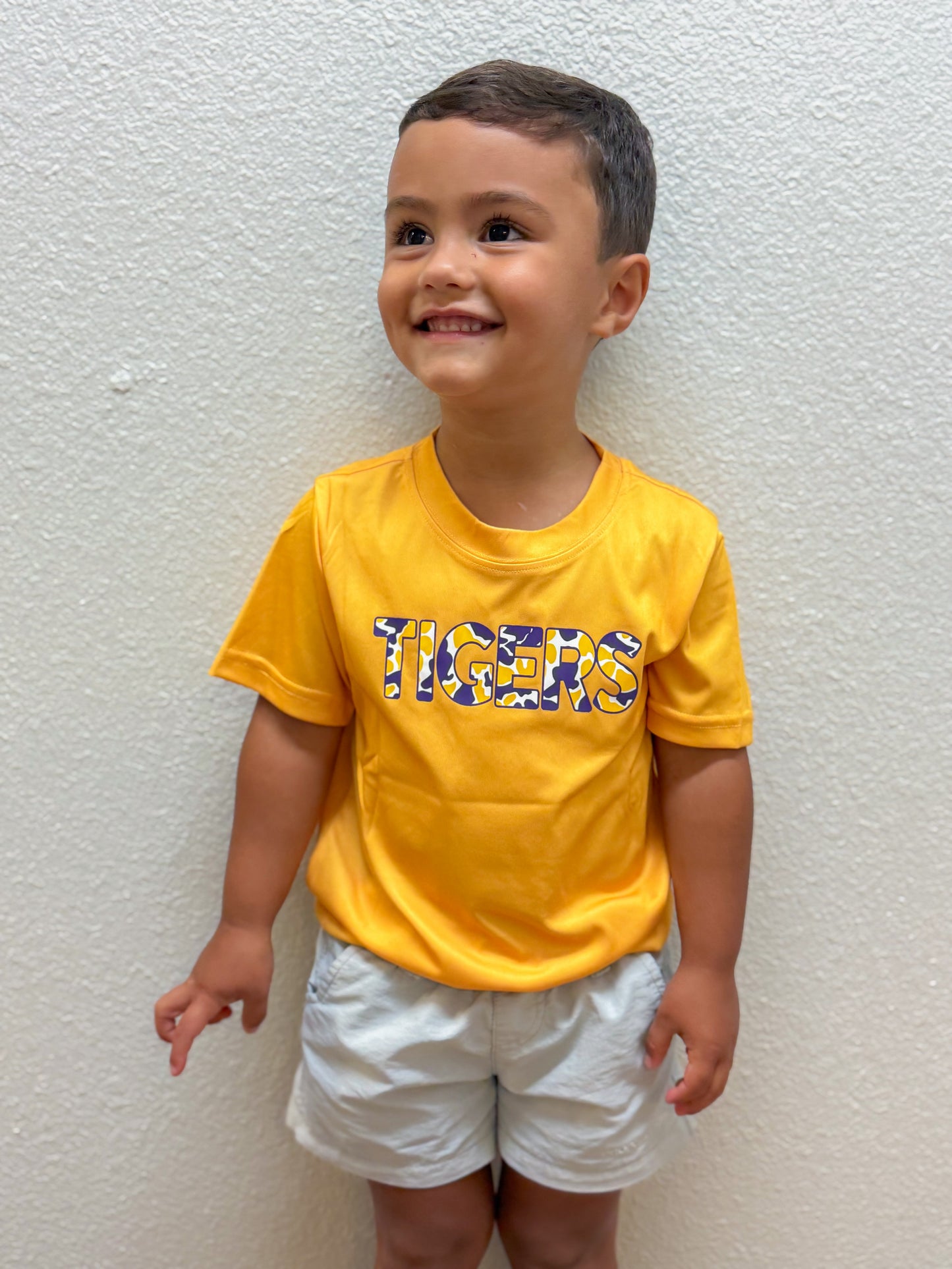 Tigers Camo on Gold Drifit Game Day Tee – Boys’ Athletic T-Shirt