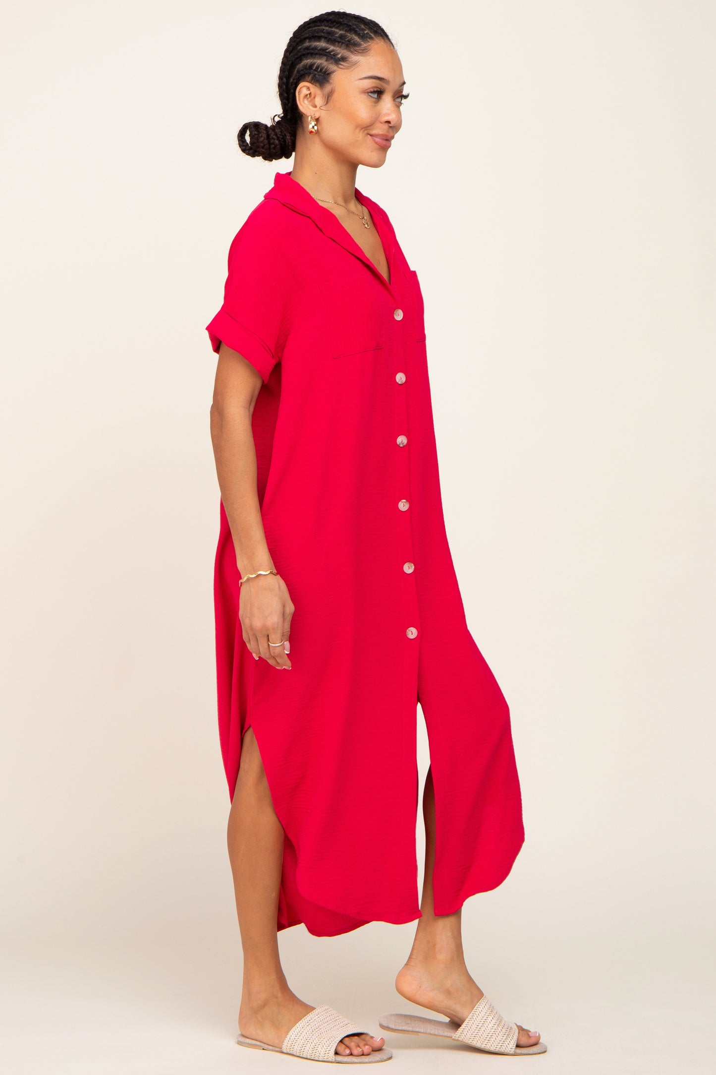 Fuchsia Button Down Hi Low Maxi Dress