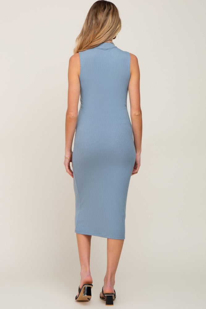 Blue Ribbed Sleeveless Mock Neck Maternity Midi Dress