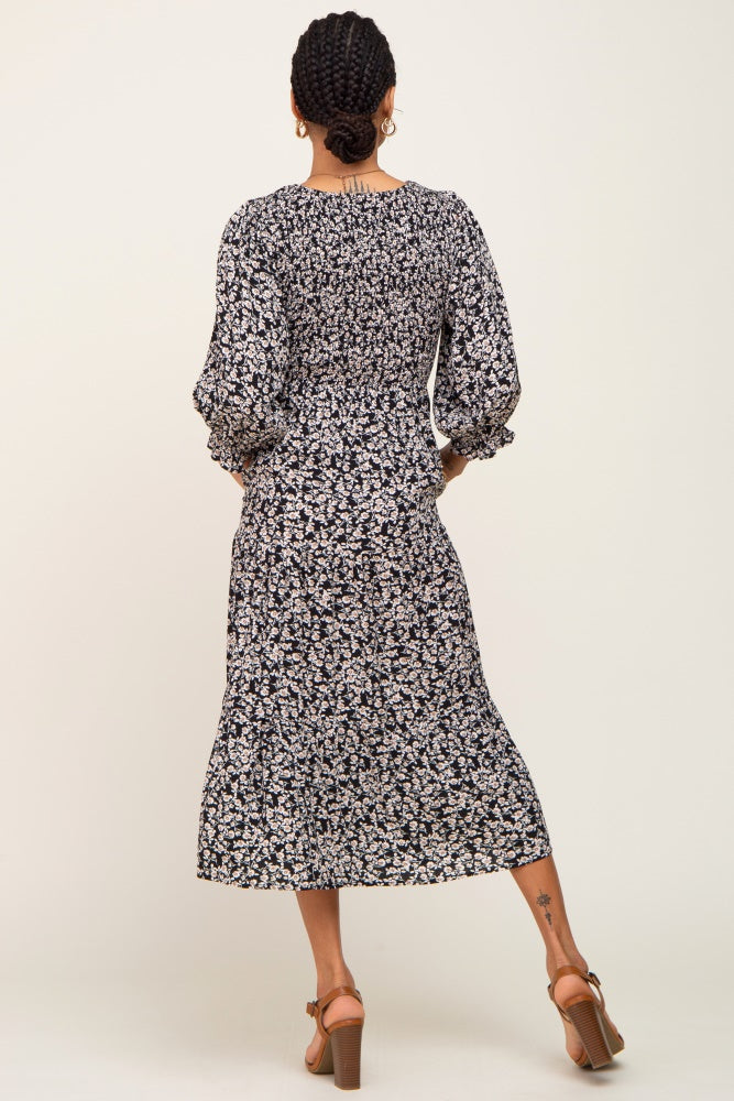 Black Floral Smocked 3/4 Sleeve Midi Dress