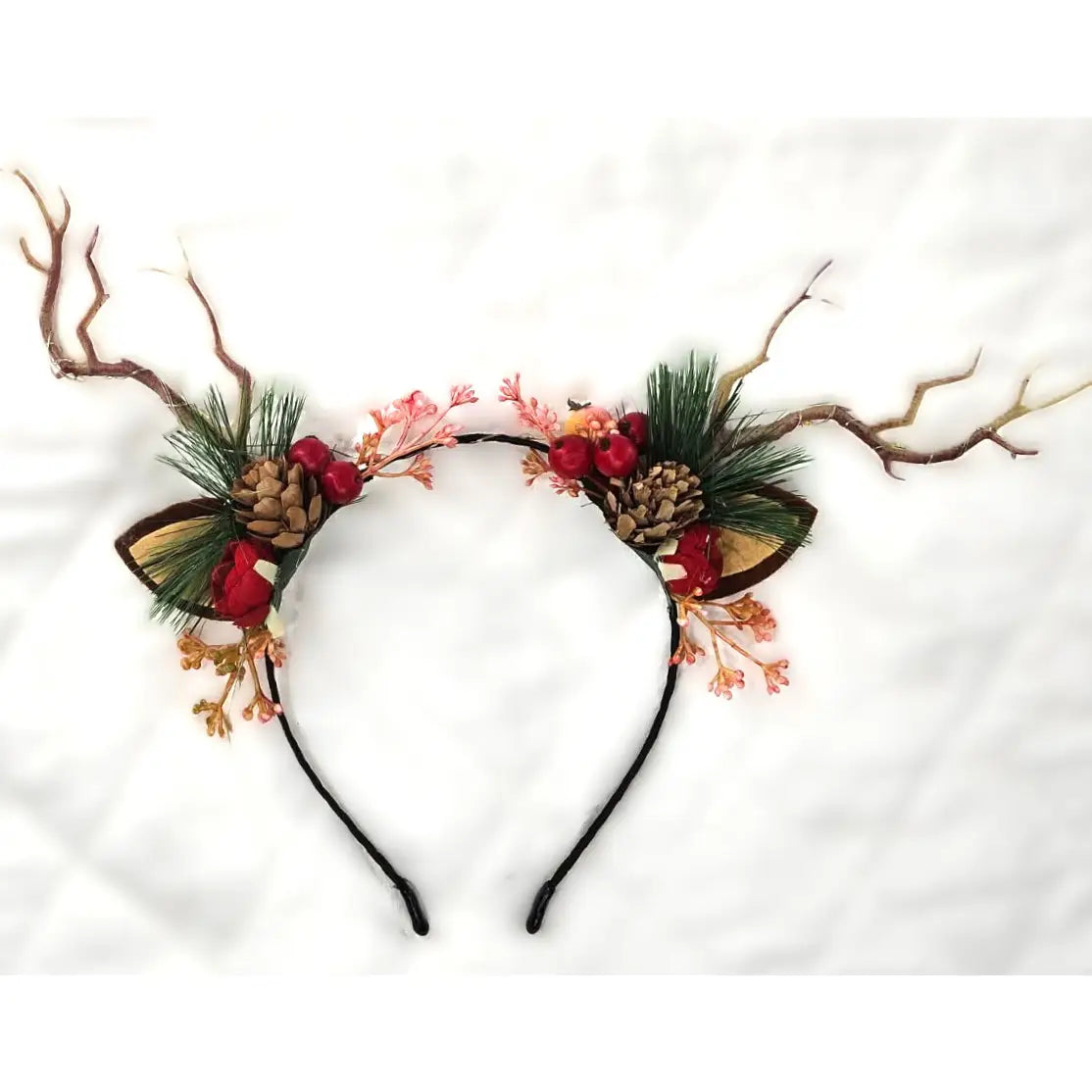 Rustic Light-Up Reindeer Antler Headband with Pinecones & Berries