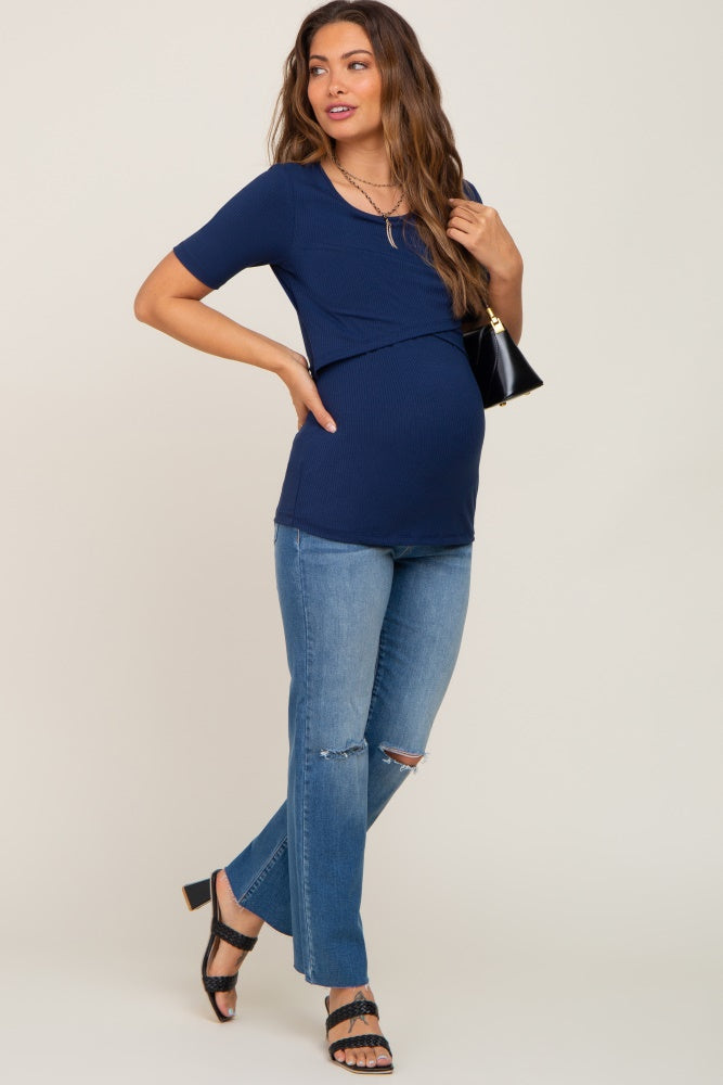Navy Blue Ribbed Wrap Front Maternity/Nursing Top