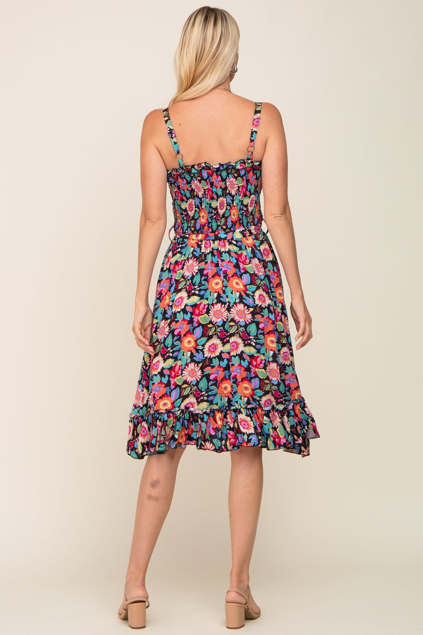 Black Floral Sleeveless Ruffled Dress
