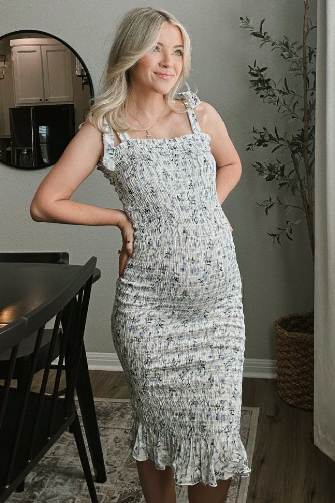 White Floral Smocked Fitted Maternity Dress