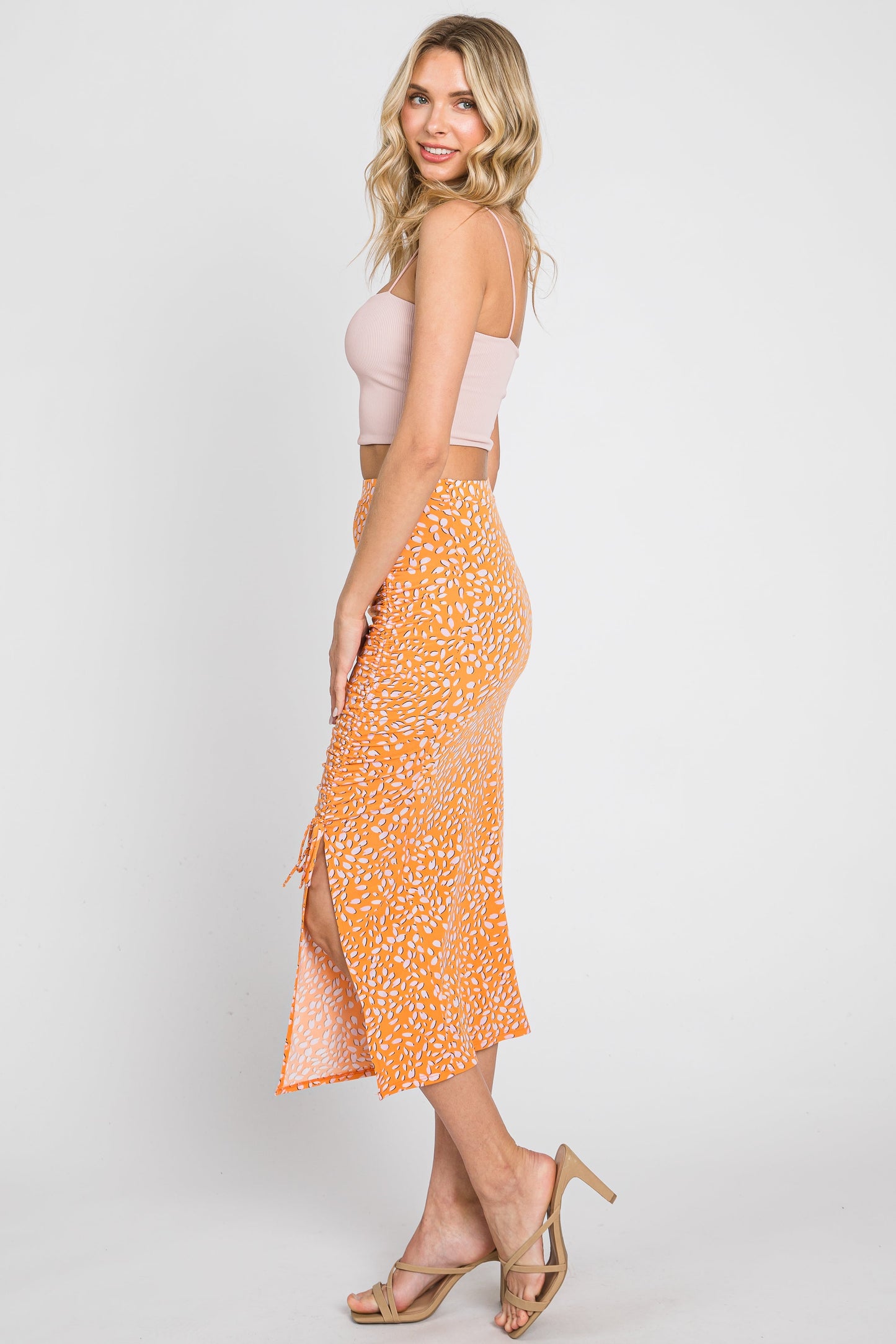 Orange Drawstring Front High Knee Slit Midi Skirt