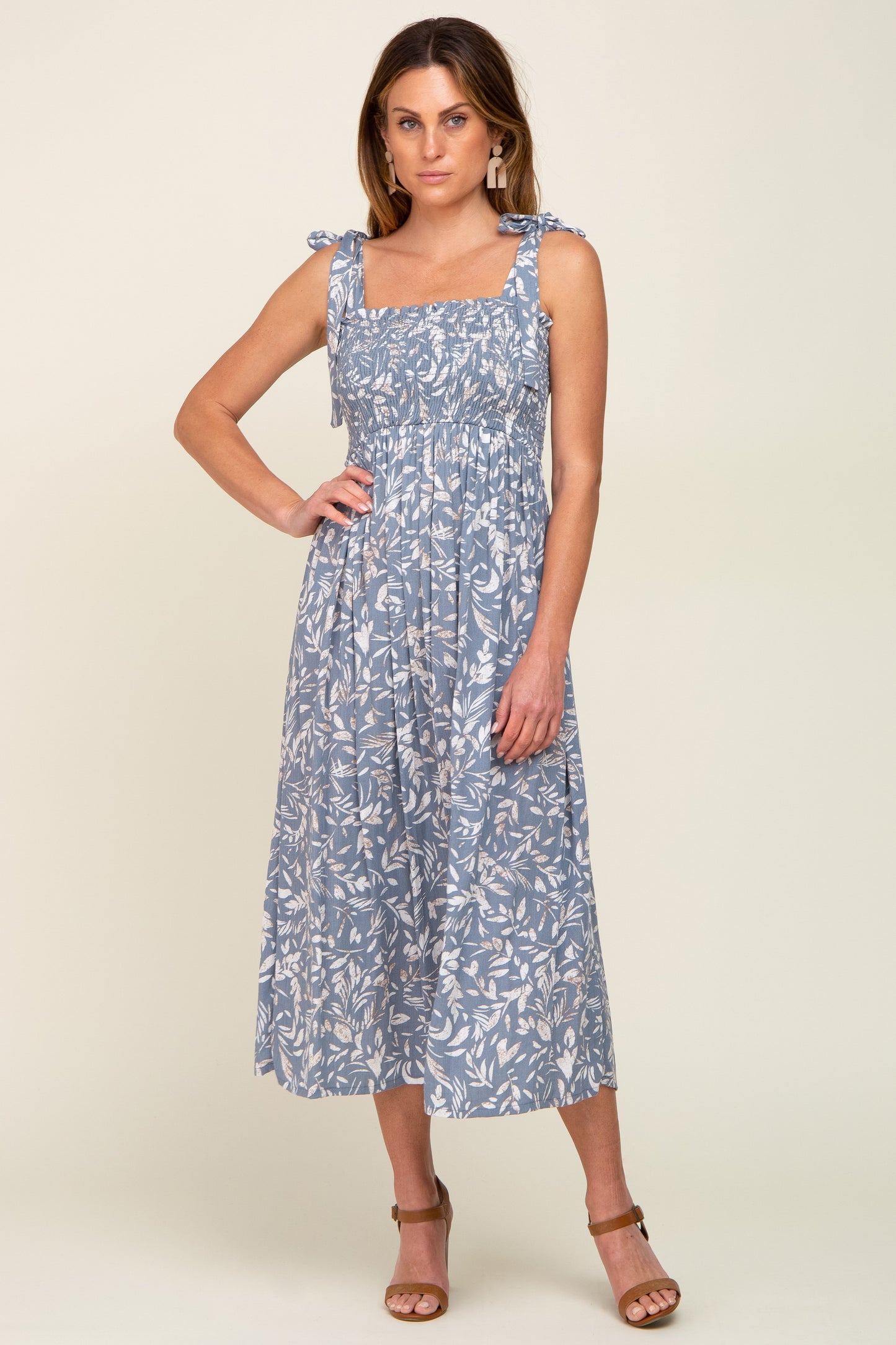 Light Blue Floral Smocked Shoulder Tie Midi Dress