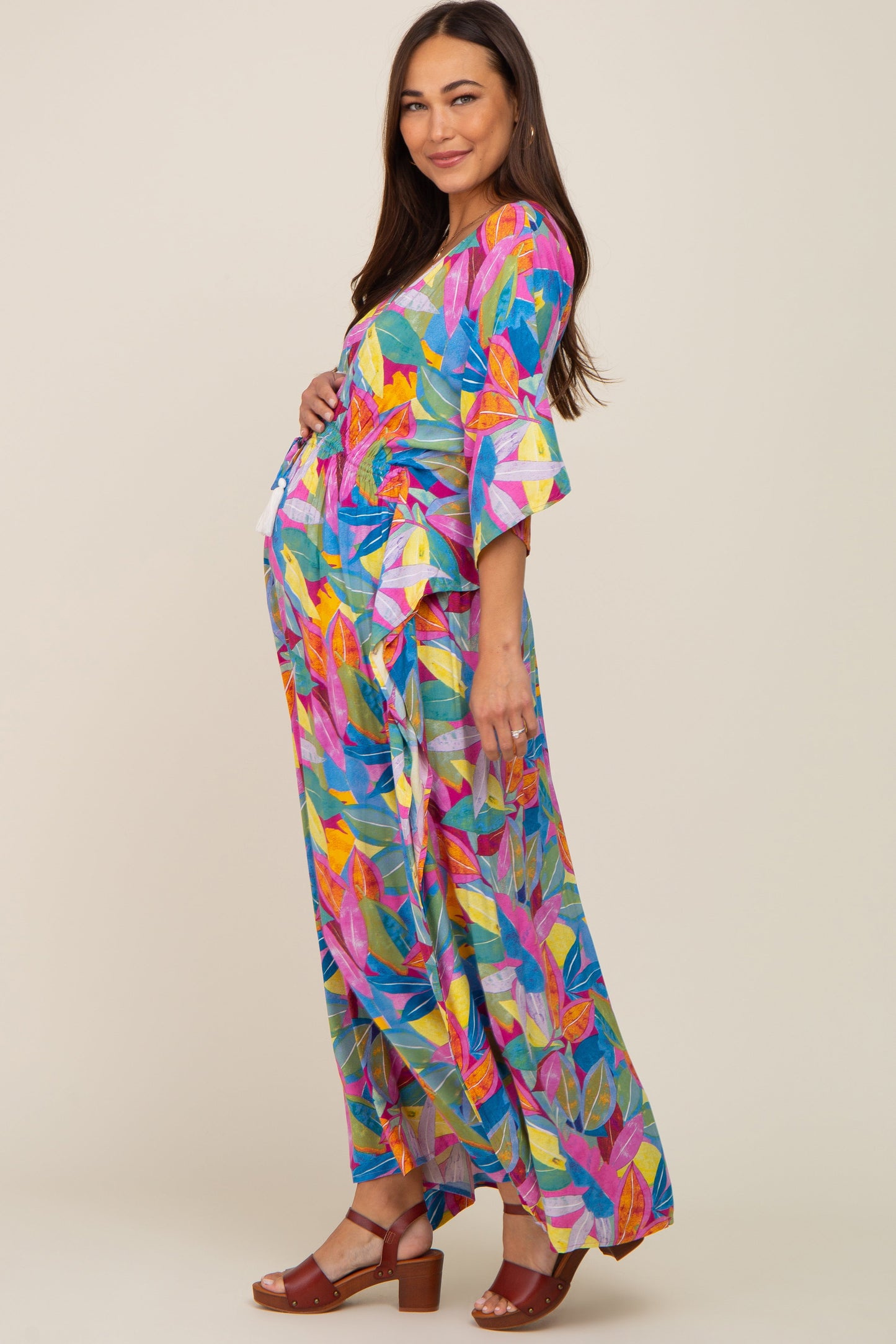 Magenta Multicolor Leaf Pint Tassel Tie Maternity Maxi Dress