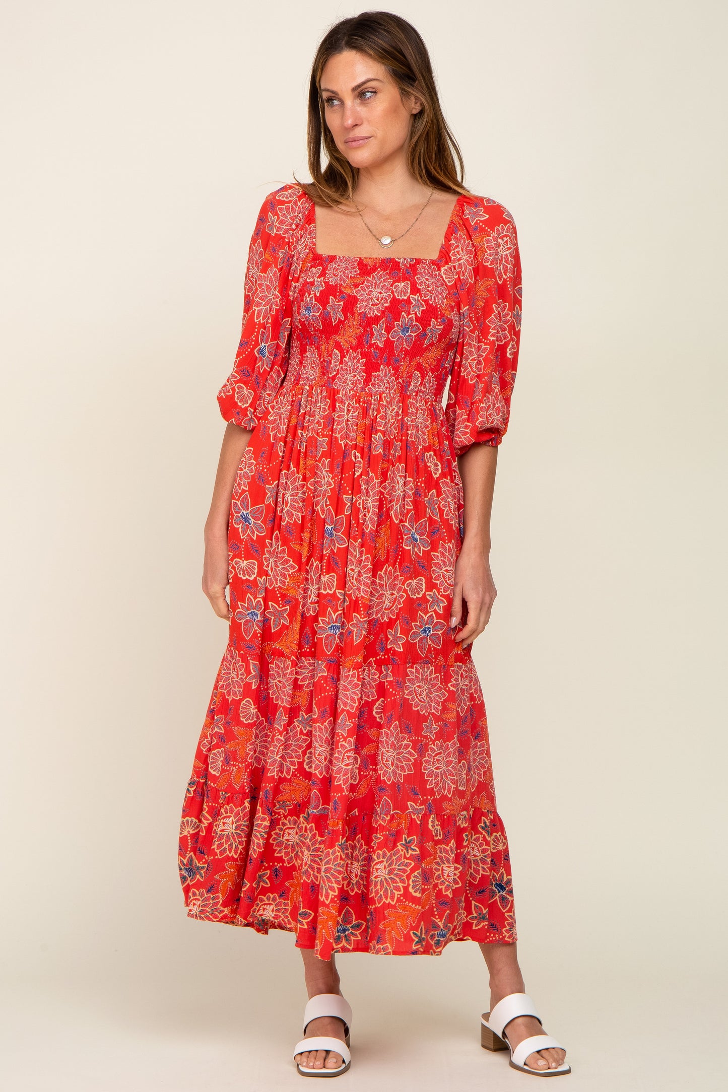 Red Floral Smocked Square Neck Tiered Midi Dress