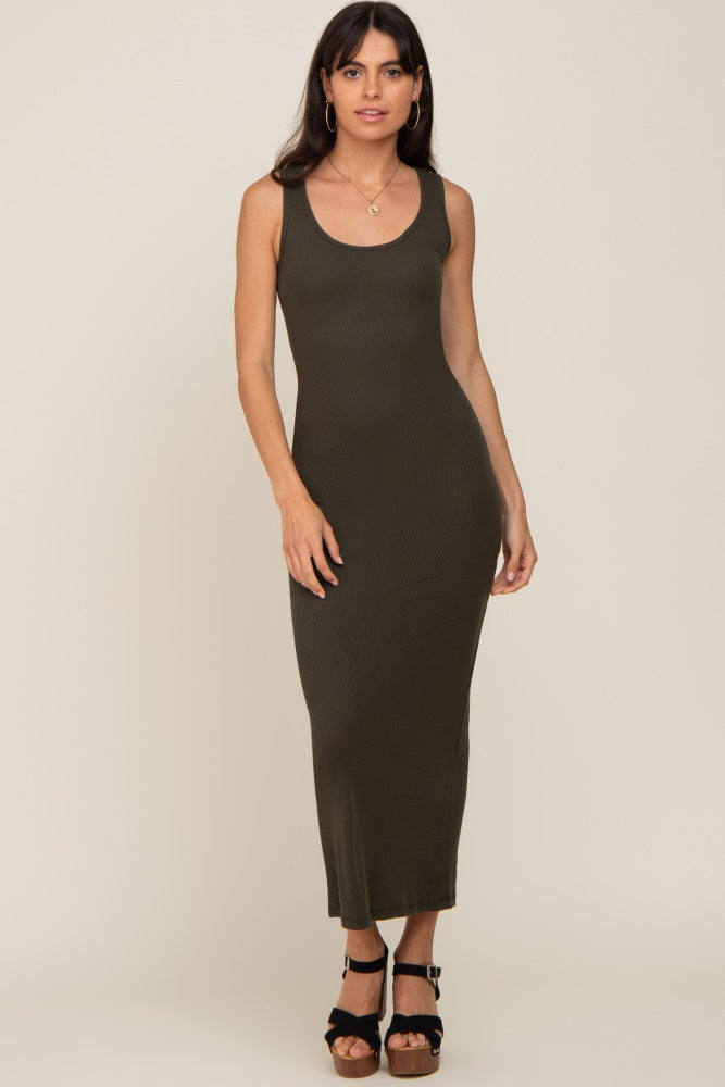 Olive Ribbed Basic Maxi Dress