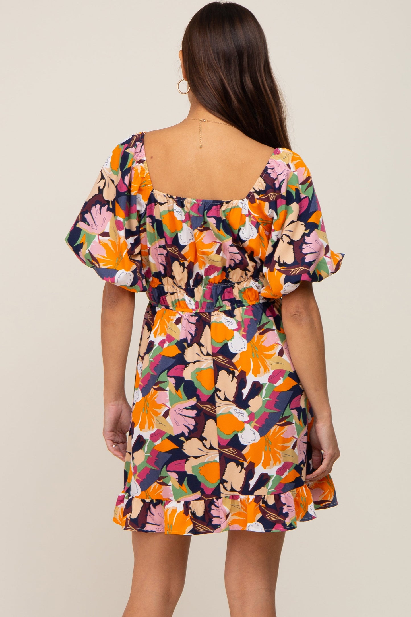 Multicolor Floral Pint Puff Sleeve Maternity Dress