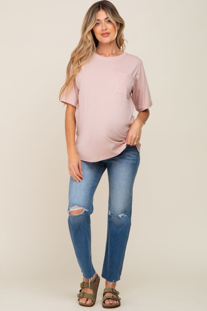 Light Pink Oversized Pocket Front Short Sleeve Maternity Top